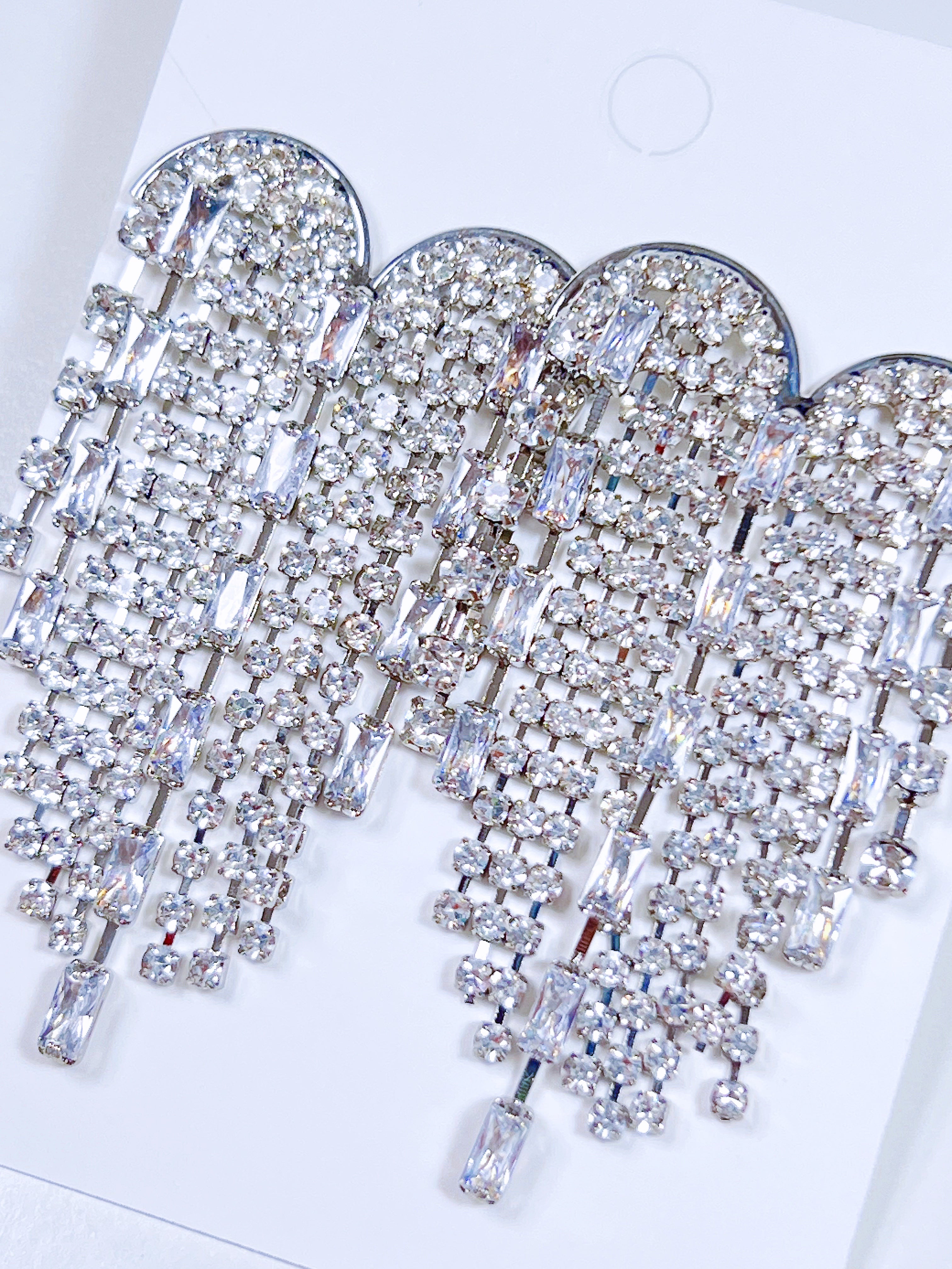 Silver Majestic Heart Waterfall Rhinestone Earrings