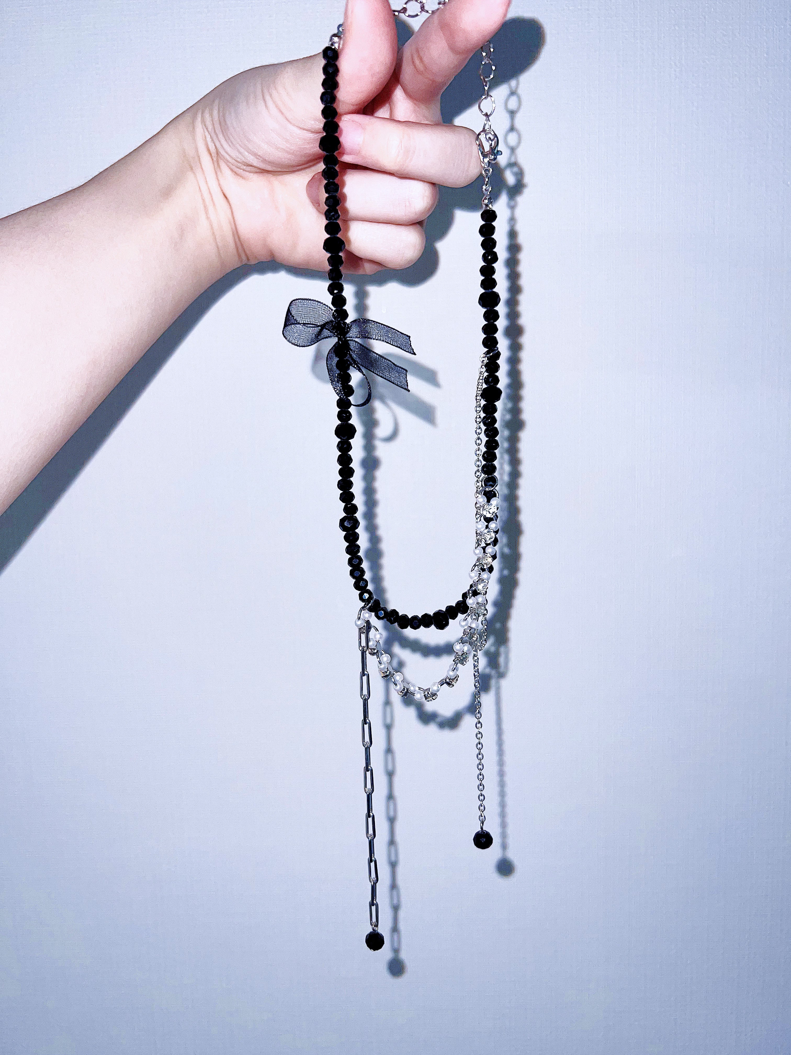 Sparkling Rhinestone & Black Bead Layered Streamer Necklace
