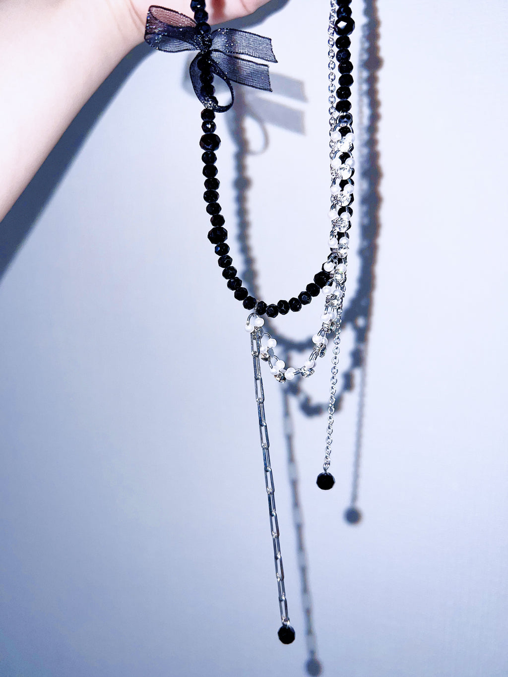 Sparkling Rhinestone & Black Bead Layered Streamer Necklace