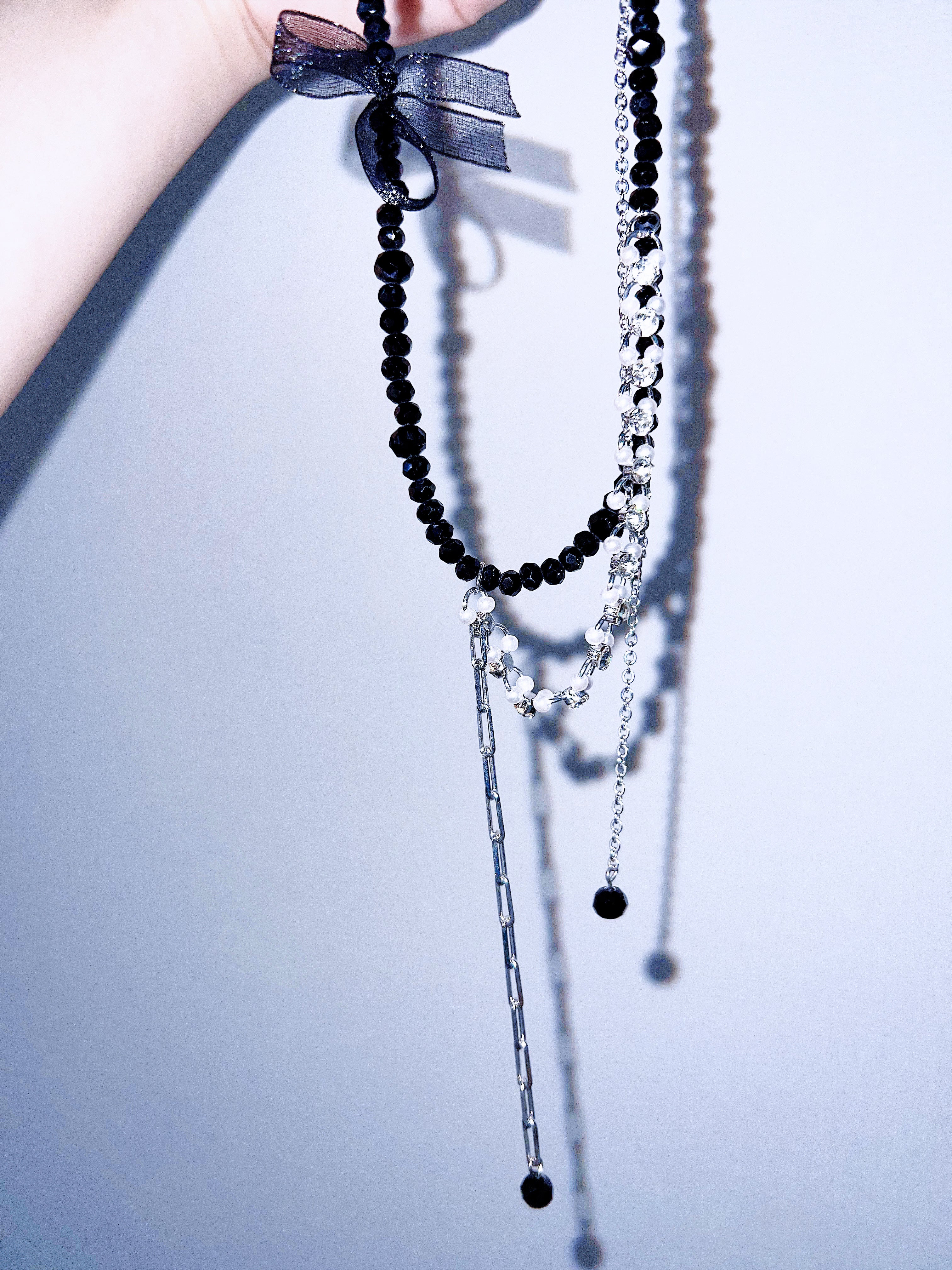 Sparkling Rhinestone & Black Bead Layered Streamer Necklace