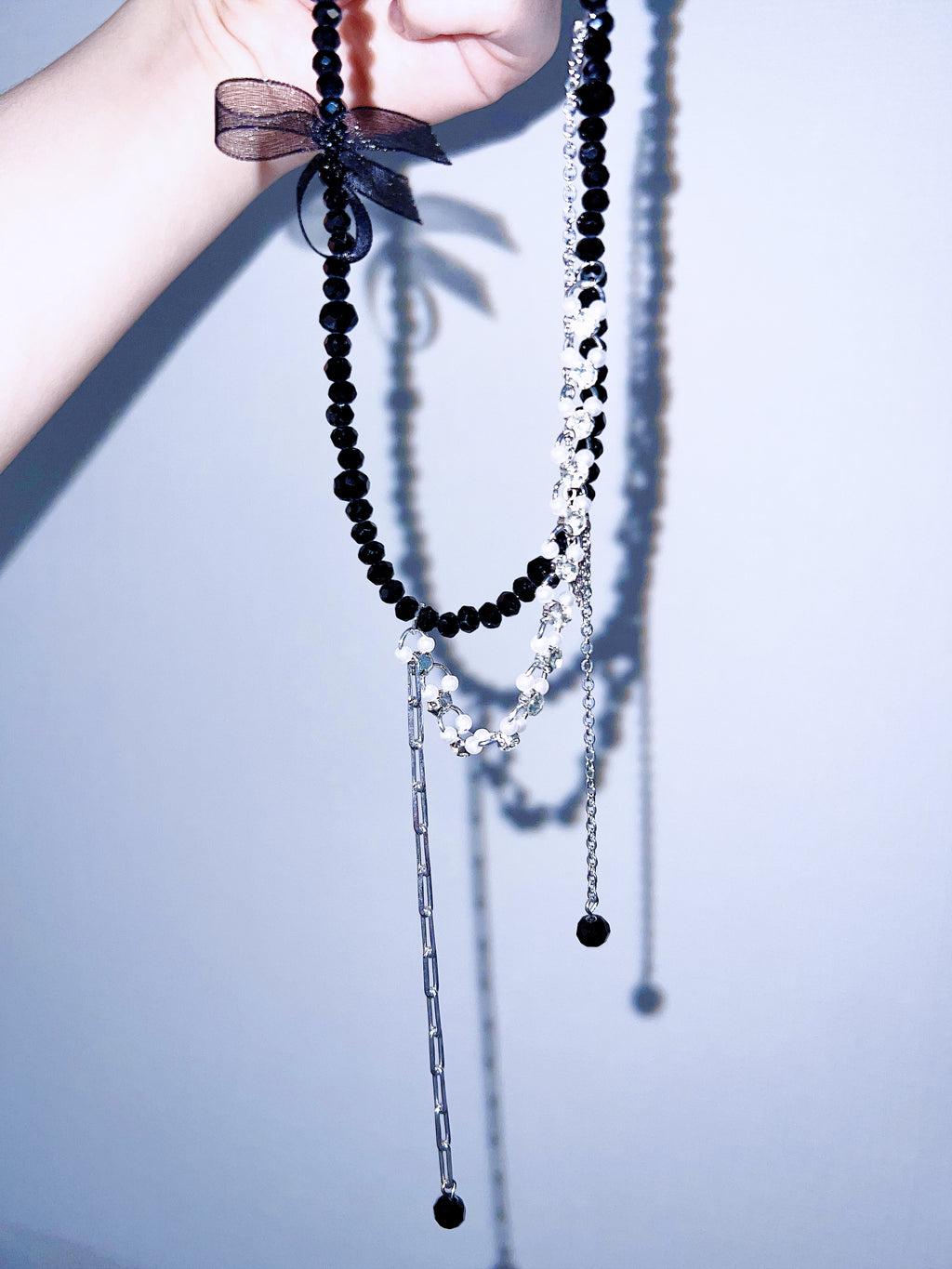 Sparkling Rhinestone & Black Bead Layered Streamer Necklace