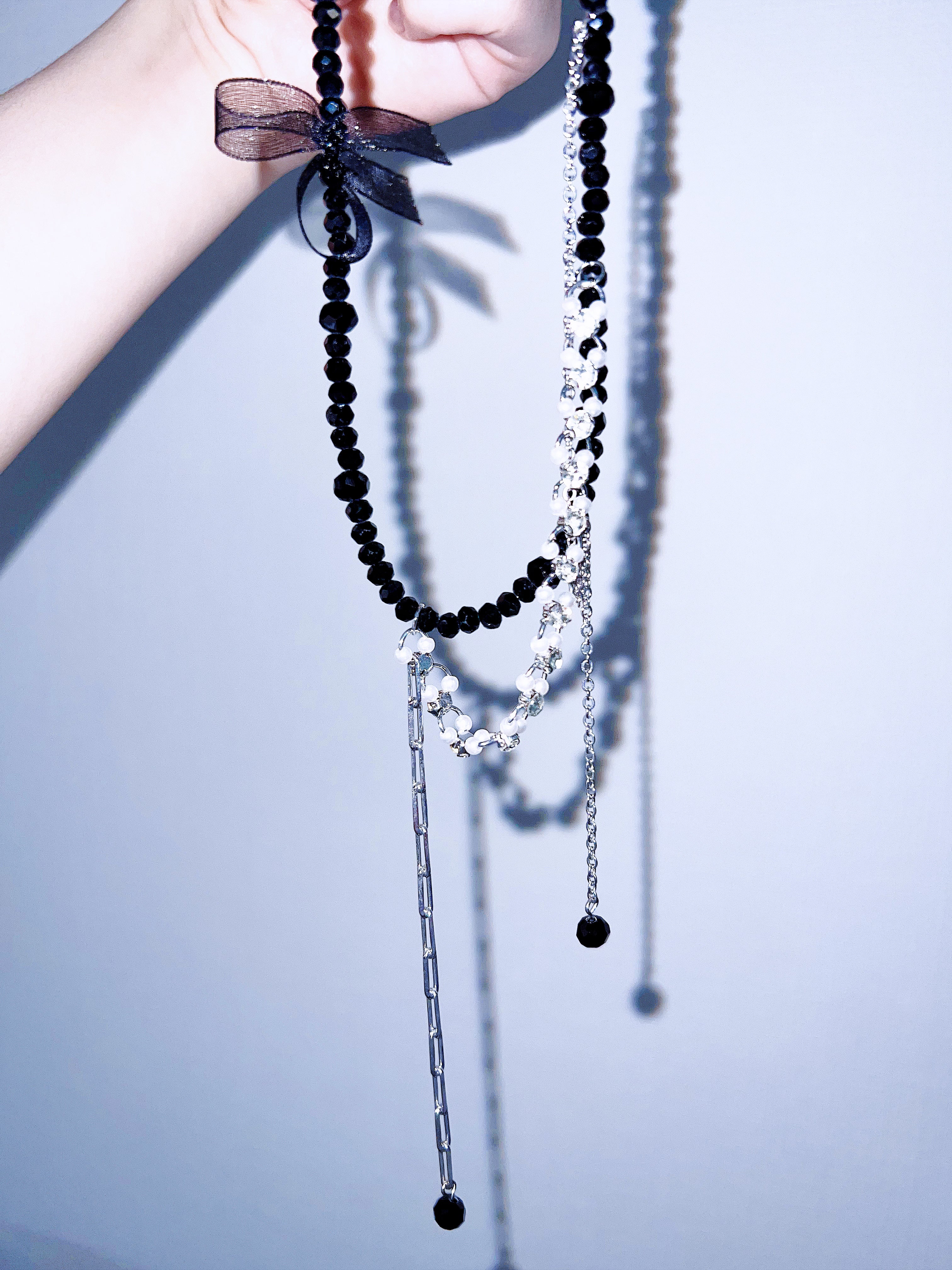 Sparkling Rhinestone & Black Bead Layered Streamer Necklace