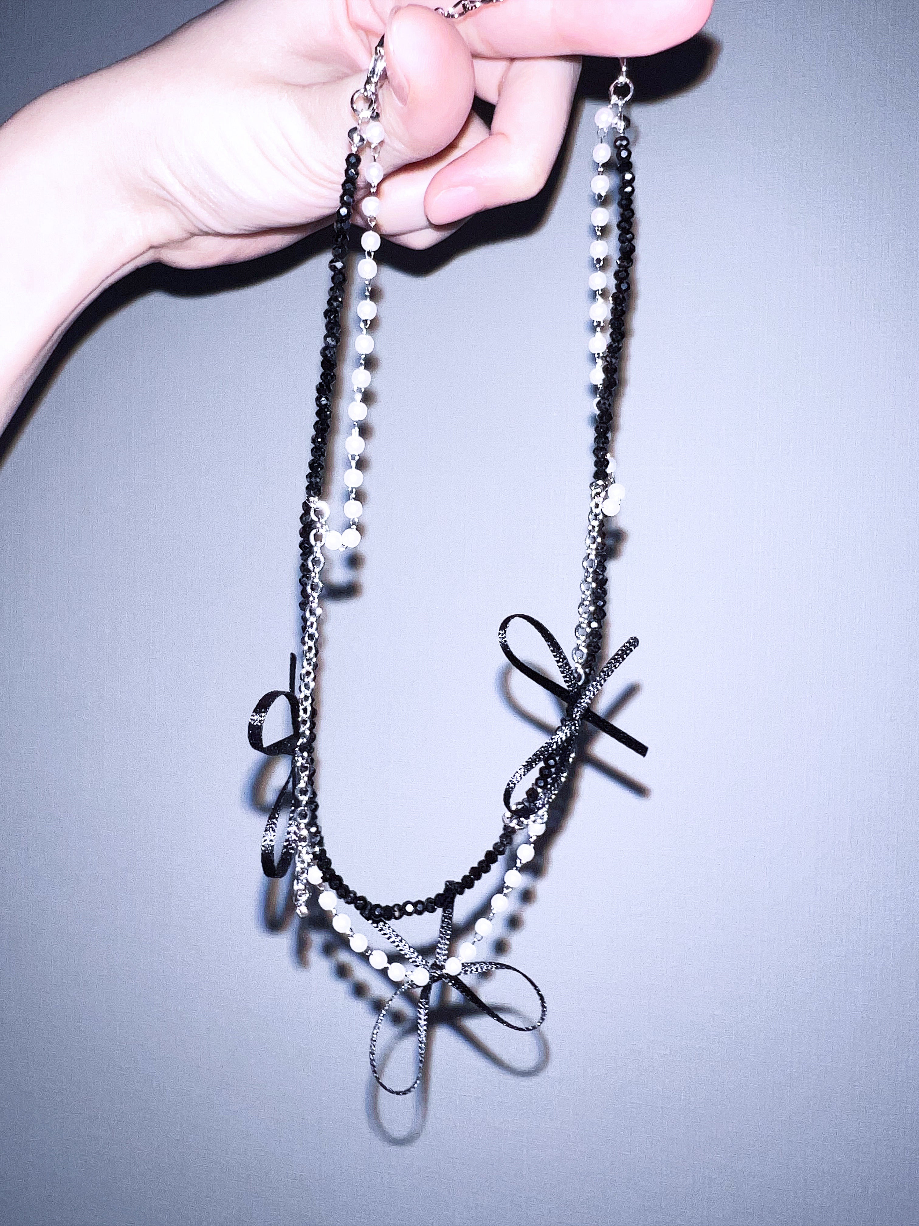 Multi-Layer Black Bead & Pearl Ribbon Necklace