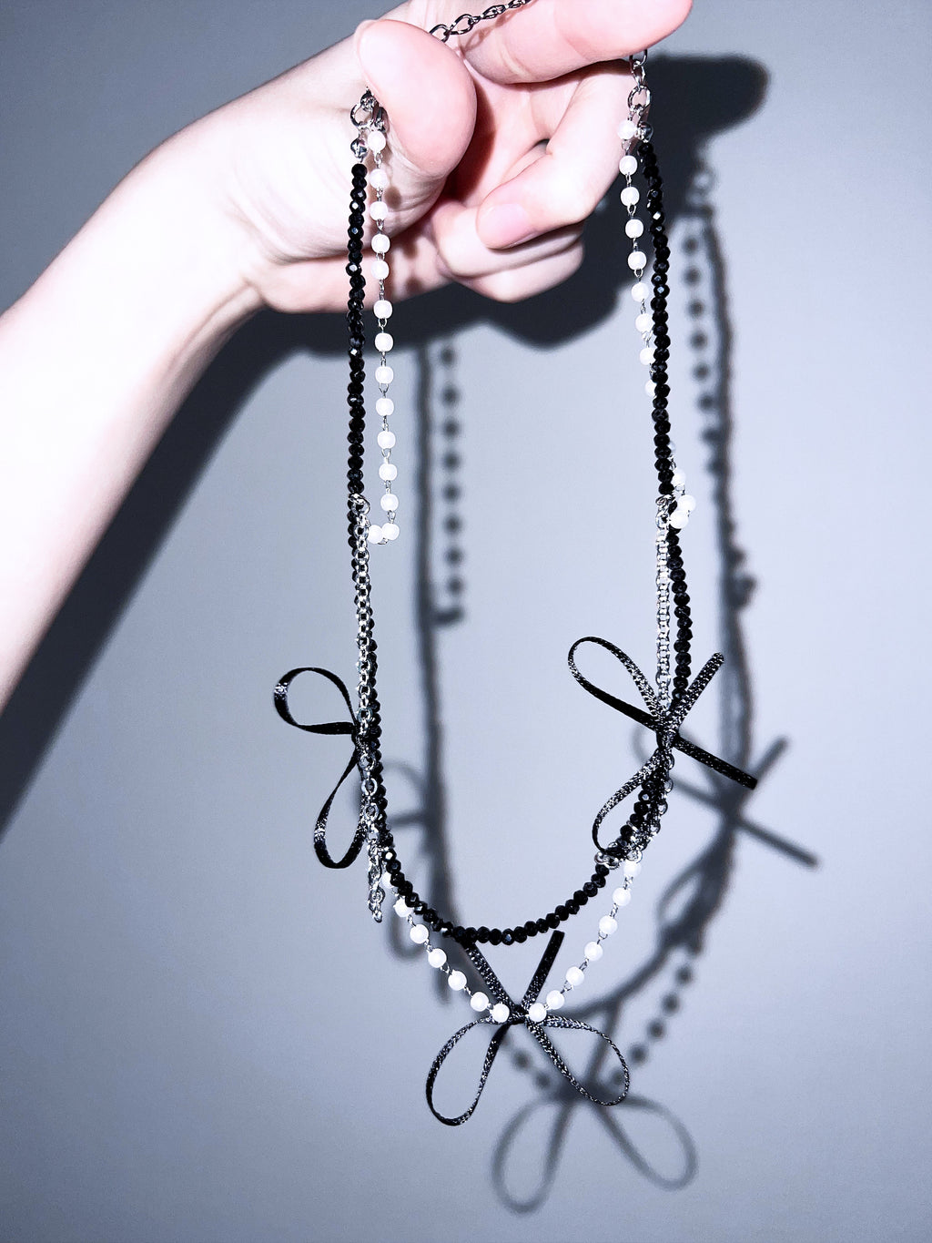 Multi-Layer Black Bead & Pearl Ribbon Necklace