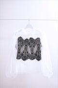 Contrast Black Lace Overlay White Sheer Mesh Blouse