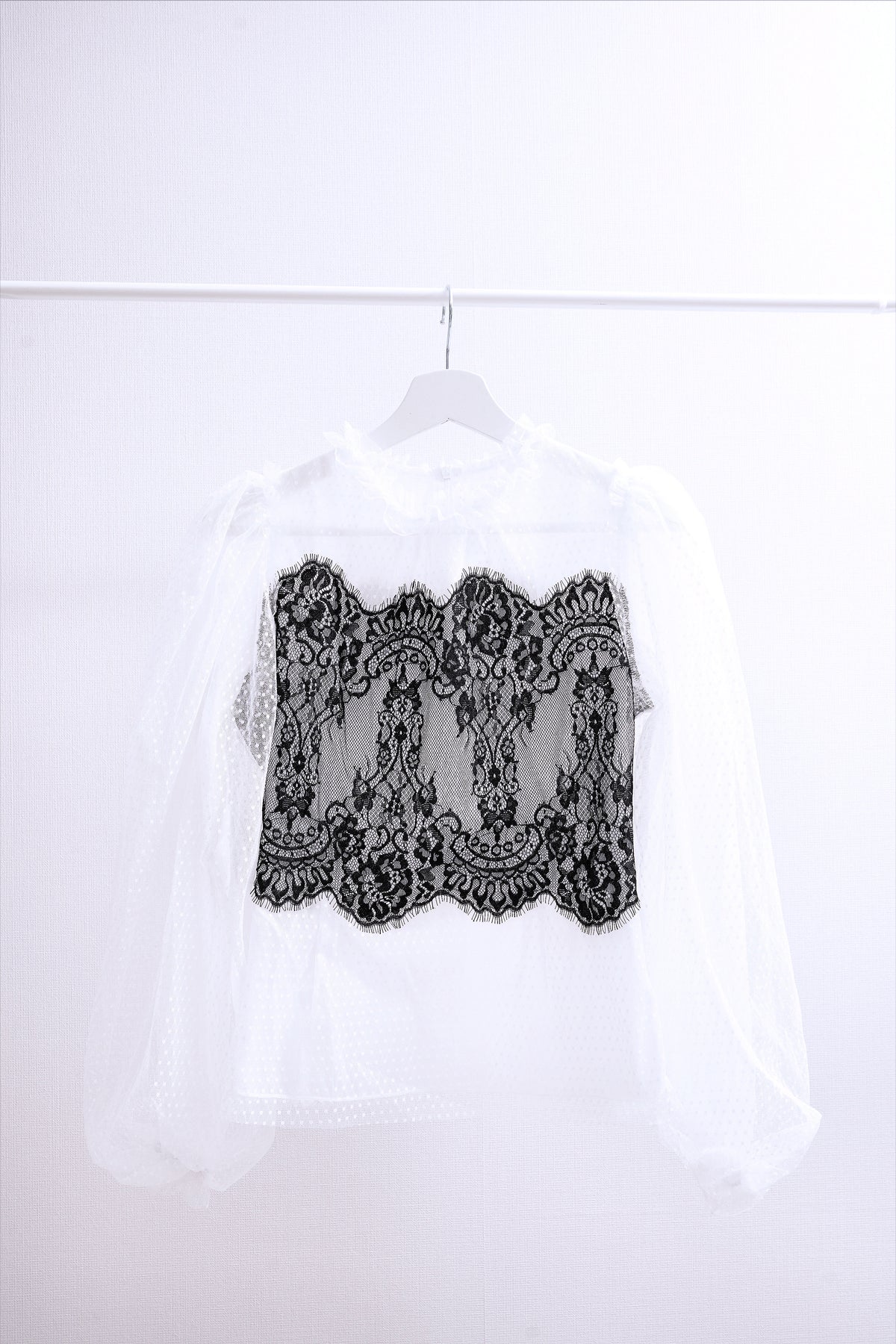 Contrast Black Lace Overlay White Sheer Mesh Blouse
