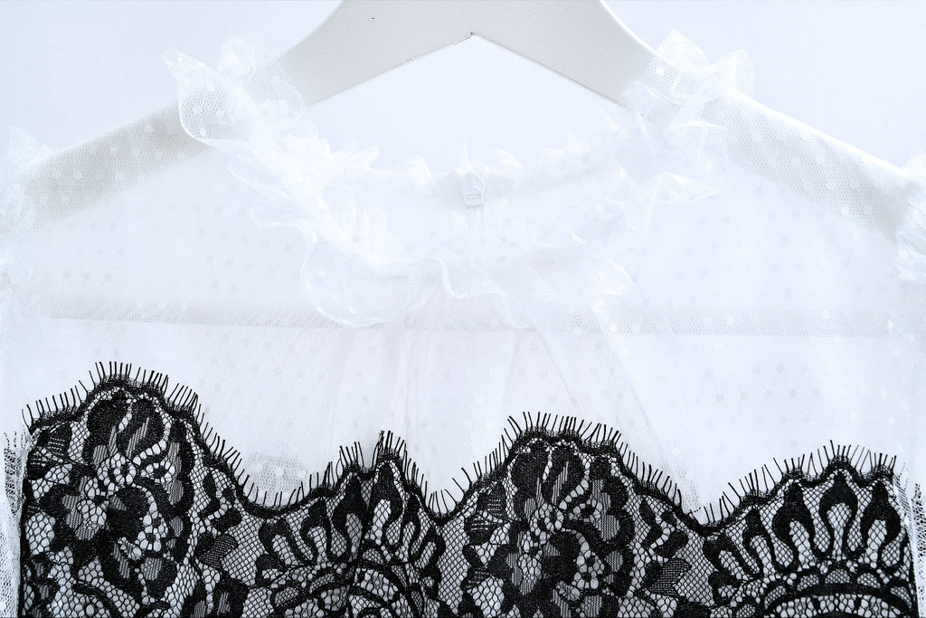 Contrast Black Lace Overlay White Sheer Mesh Blouse
