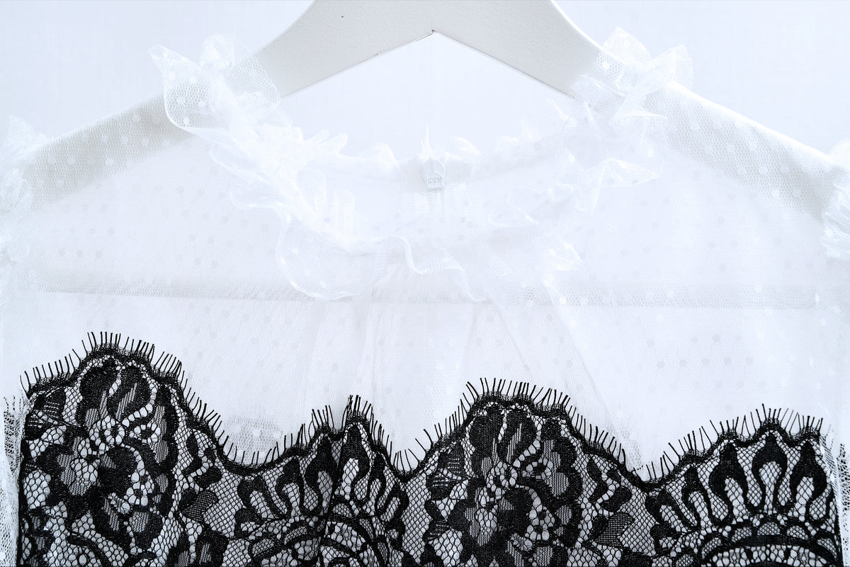 Contrast Black Lace Overlay White Sheer Mesh Blouse