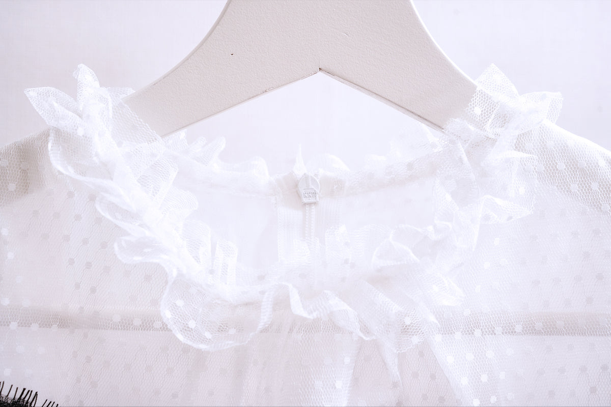 Contrast Black Lace Overlay White Sheer Mesh Blouse