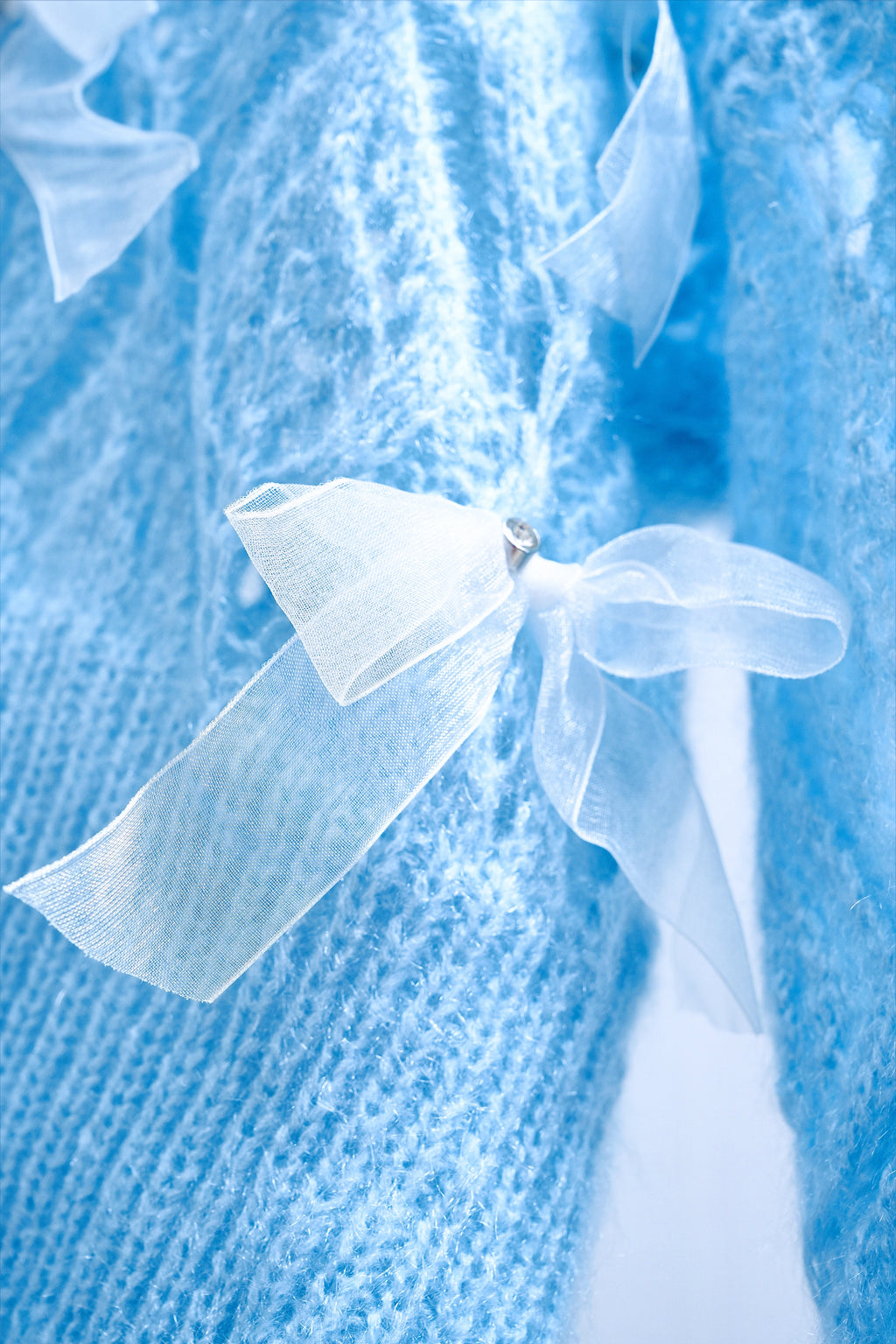 Powder Blue Knit Ribbon Decorated Buttoned Cardigan