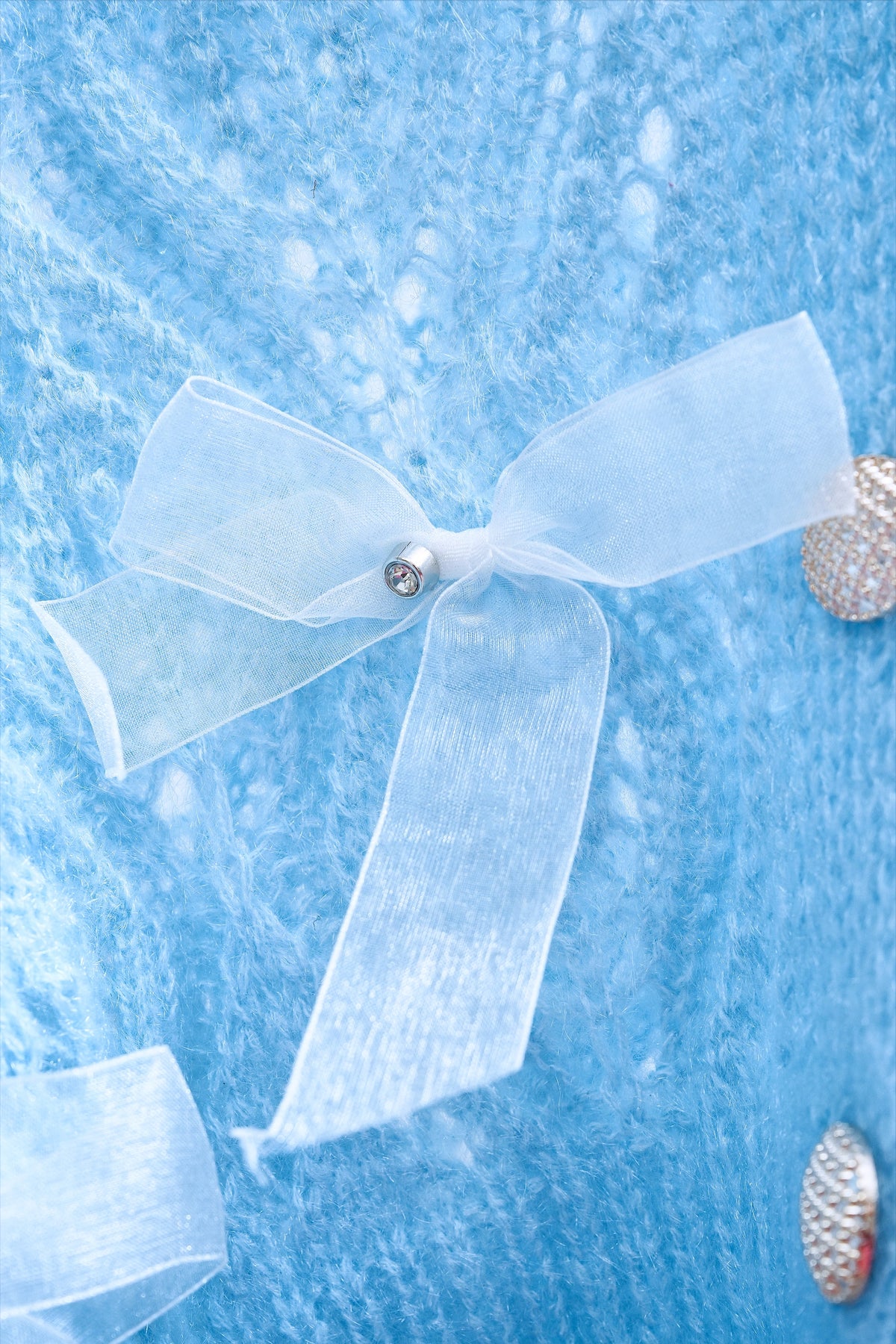 Powder Blue Knit Ribbon Decorated Buttoned Cardigan