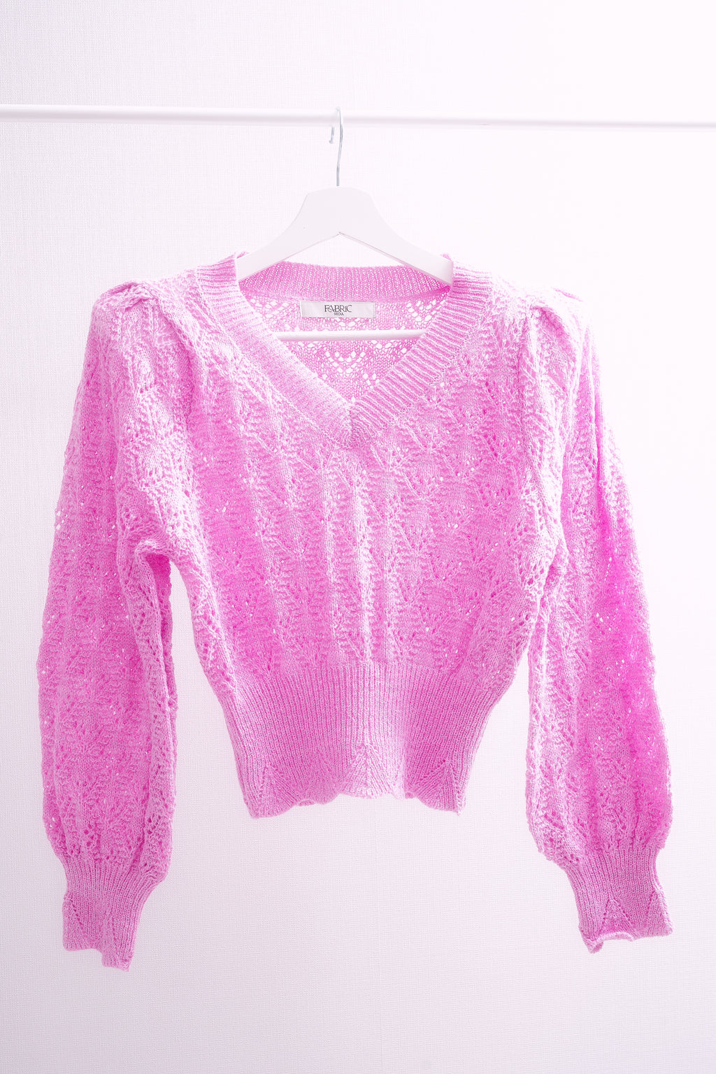 Magenta Pointelle Pattern Puff Sleeve Knit Sweater