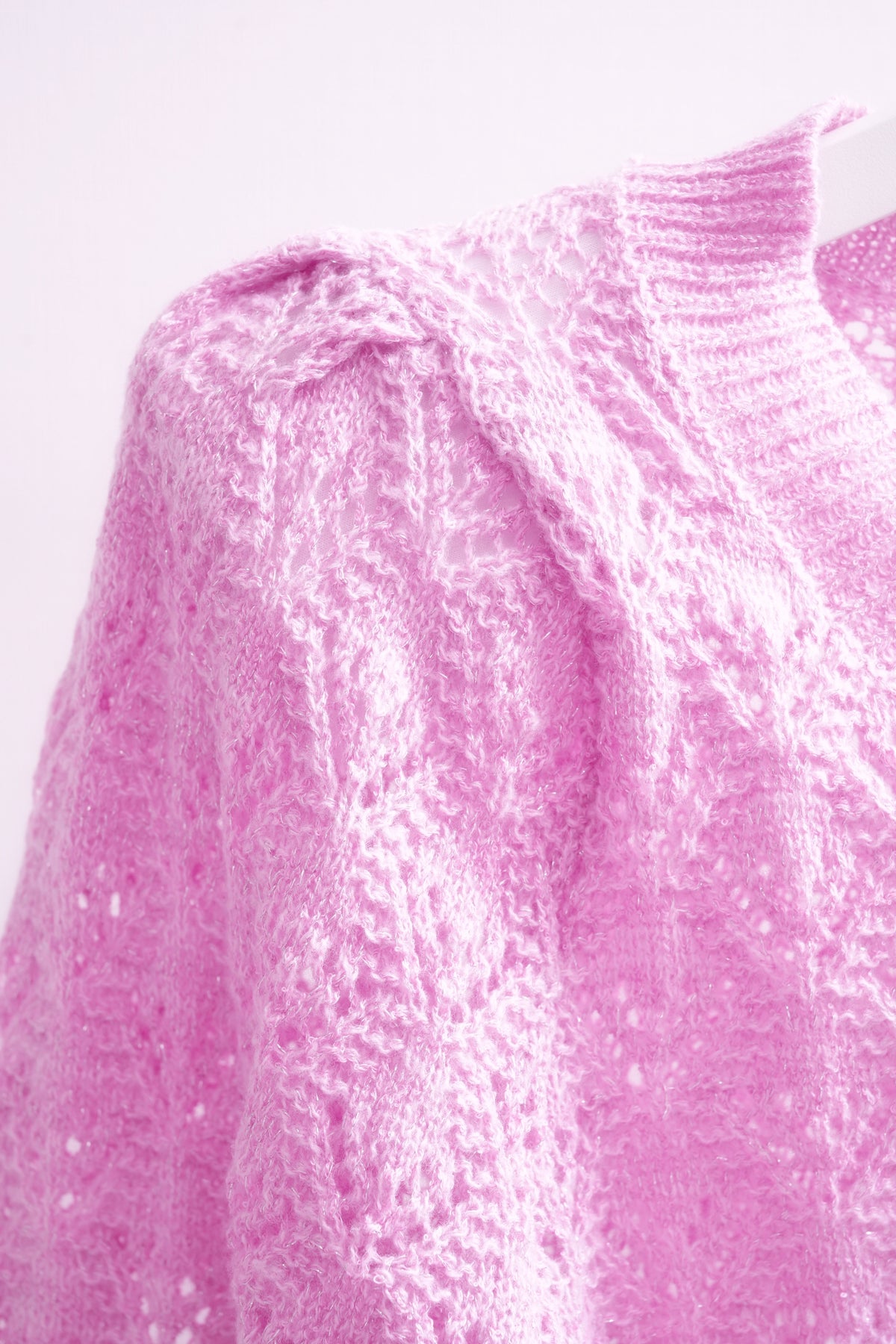 Magenta Pointelle Pattern Puff Sleeve Knit Sweater