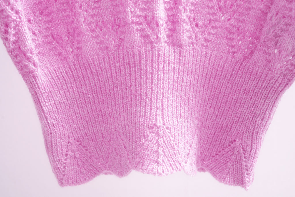 Magenta Pointelle Pattern Puff Sleeve Knit Sweater