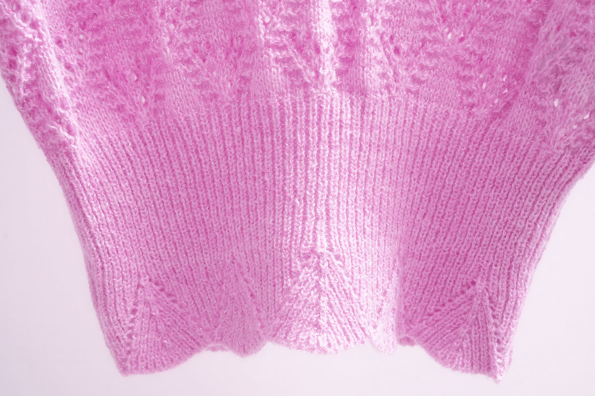 Magenta Pointelle Pattern Puff Sleeve Knit Sweater
