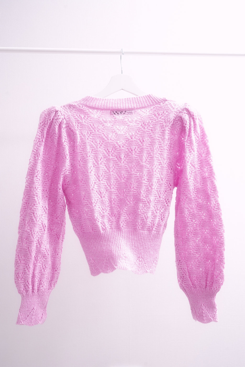 Magenta Pointelle Pattern Puff Sleeve Knit Sweater