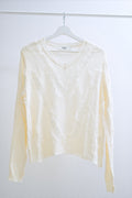 Shiny V-Neck Rhinestone Trimmed Sweater (Cream)