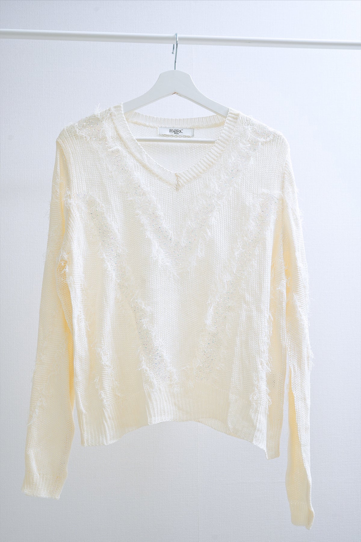 Shiny V-Neck Rhinestone Trimmed Sweater (Cream)
