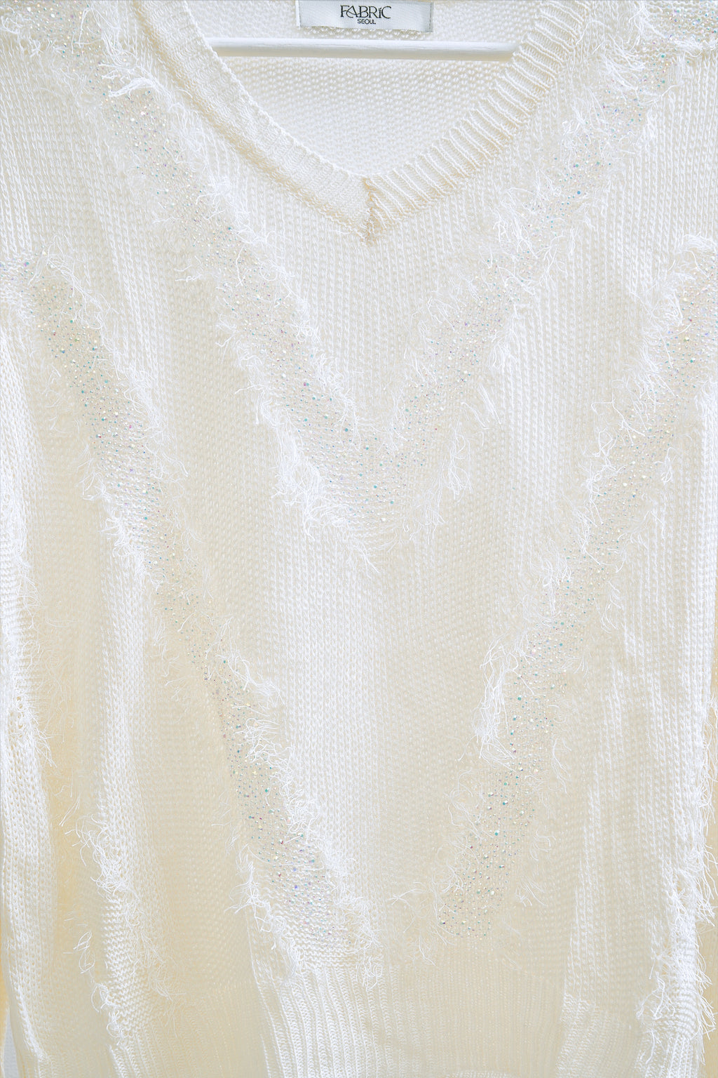 Shiny V-Neck Rhinestone Trimmed Sweater (Cream)