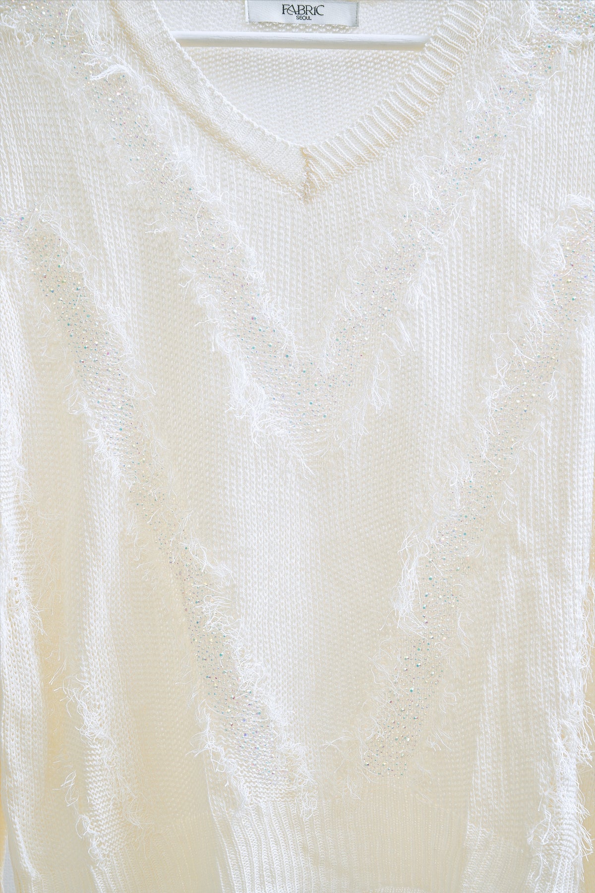 Shiny V-Neck Rhinestone Trimmed Sweater (Cream)