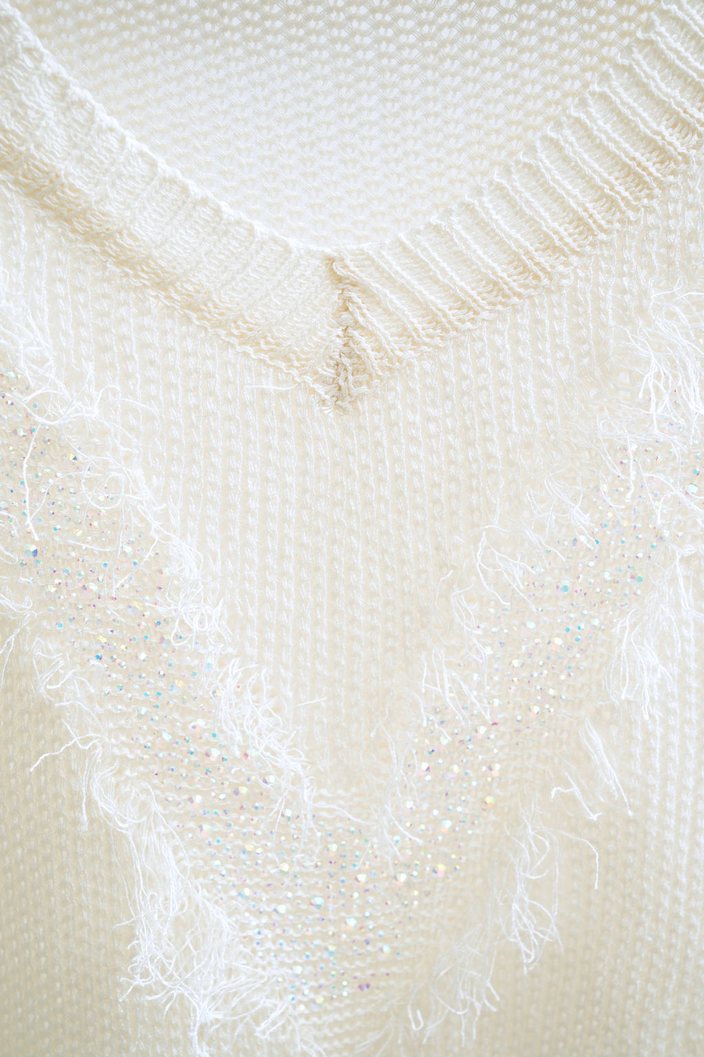 Shiny V-Neck Rhinestone Trimmed Sweater (Cream)