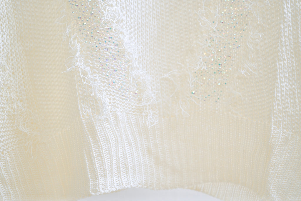 Shiny V-Neck Rhinestone Trimmed Sweater (Cream)
