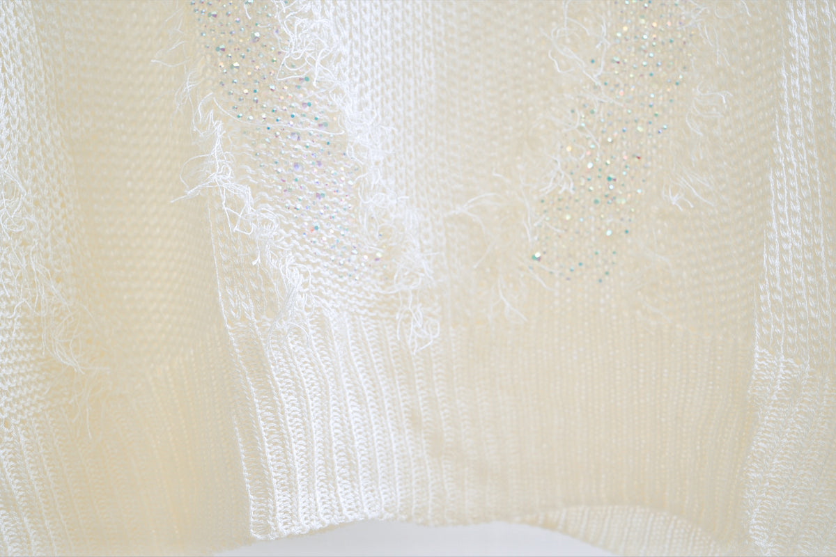 Shiny V-Neck Rhinestone Trimmed Sweater (Cream)