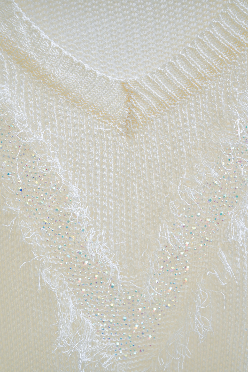 Shiny V-Neck Rhinestone Trimmed Sweater (Cream)