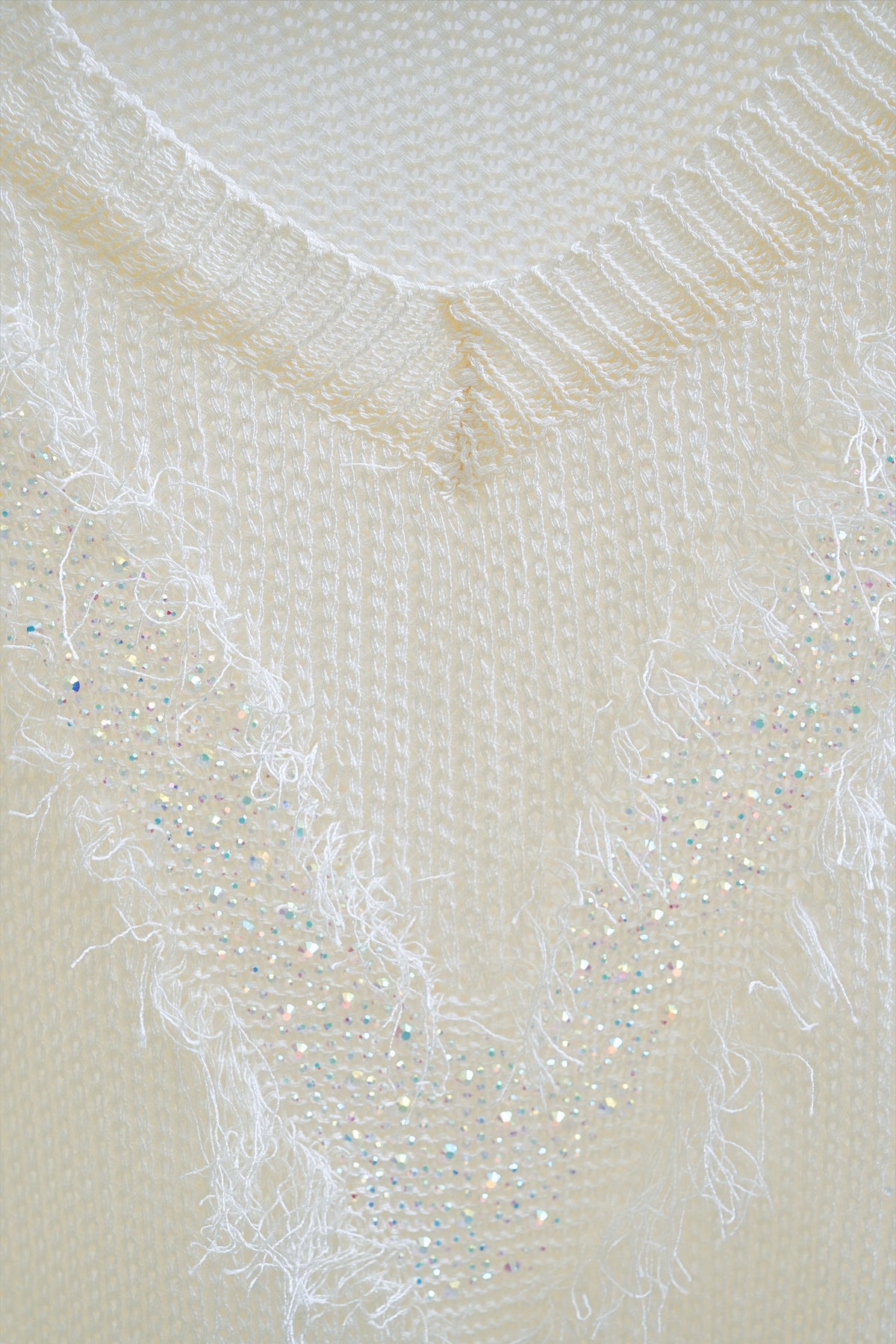 Shiny V-Neck Rhinestone Trimmed Sweater (Cream)