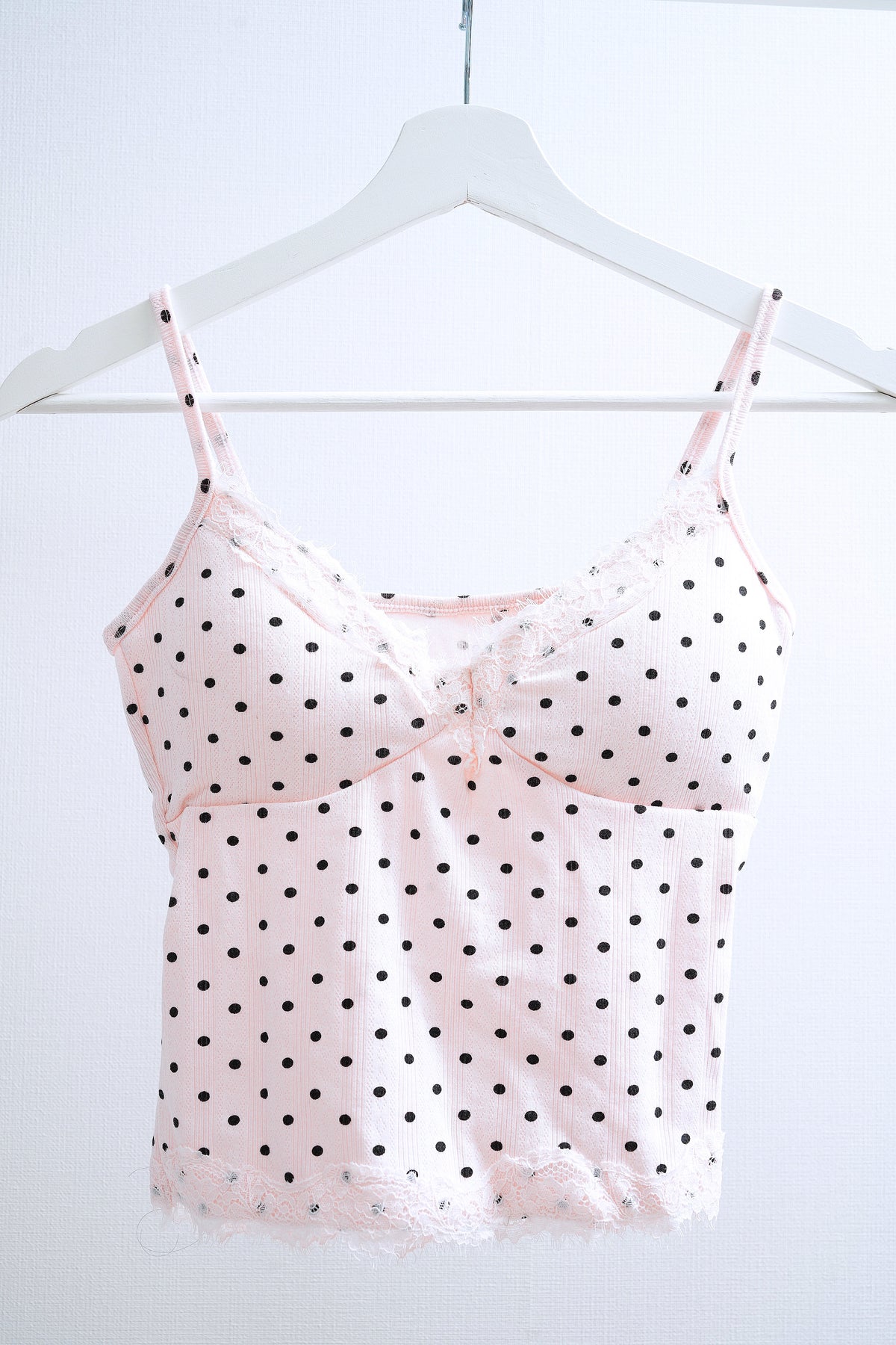 Polka Dot Ribbed Lace-Trimmed Cami (Pink)