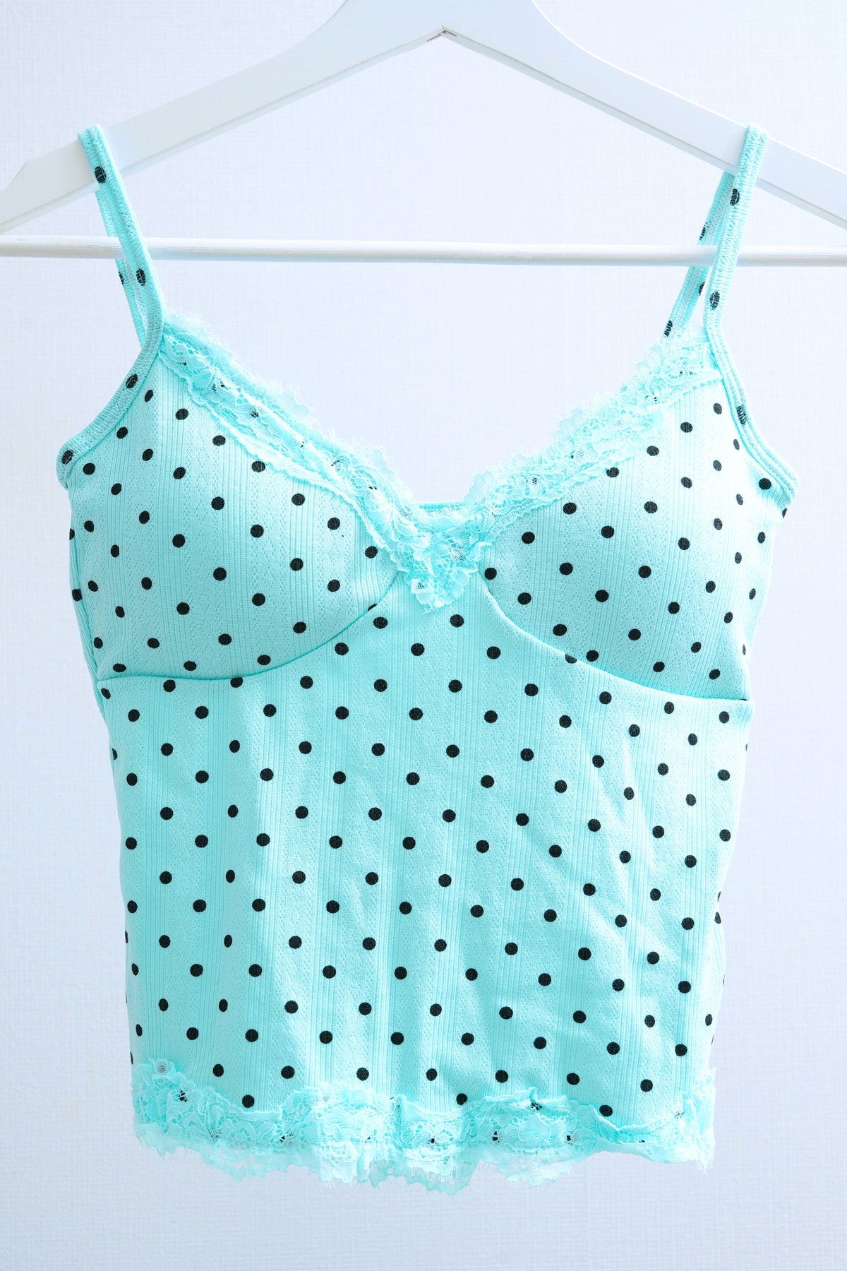 Polka Dot Ribbed Lace-Trimmed Cami (Mint)