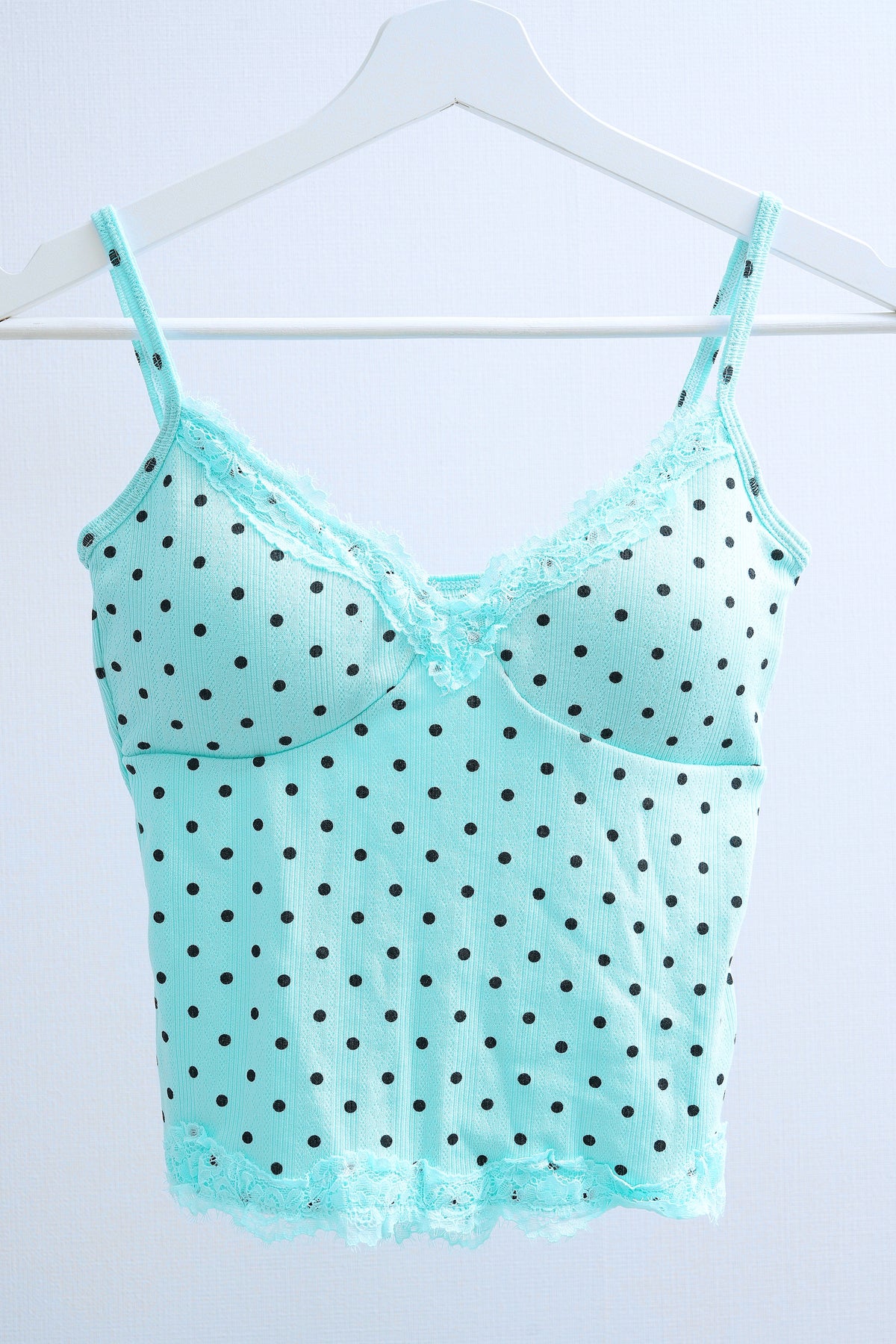 Polka Dot Ribbed Lace-Trimmed Cami (Mint)