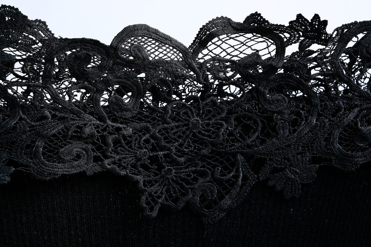 Off-shoulder Floral Lace Trimmed Knit Top (Black/Cream)