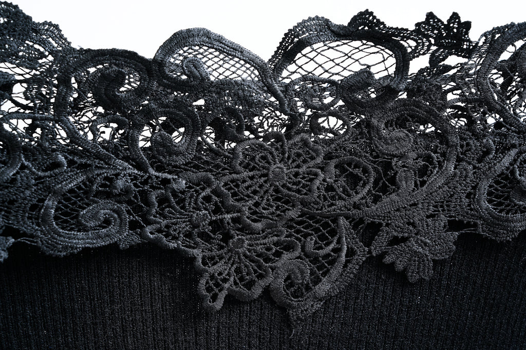 Off-shoulder Floral Lace Trimmed Knit Top (Black/Cream)