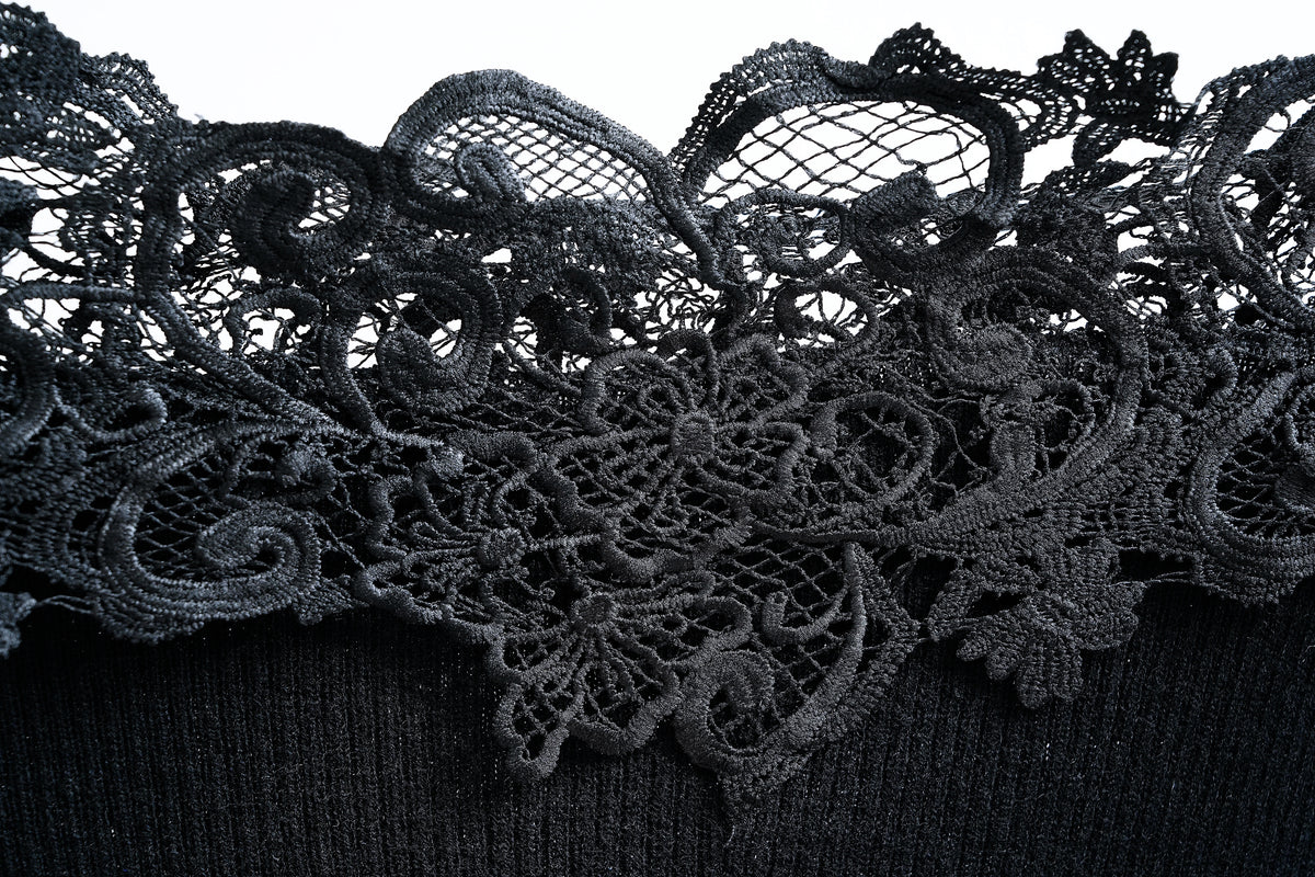 Off-shoulder Floral Lace Trimmed Knit Top (Black/Cream)