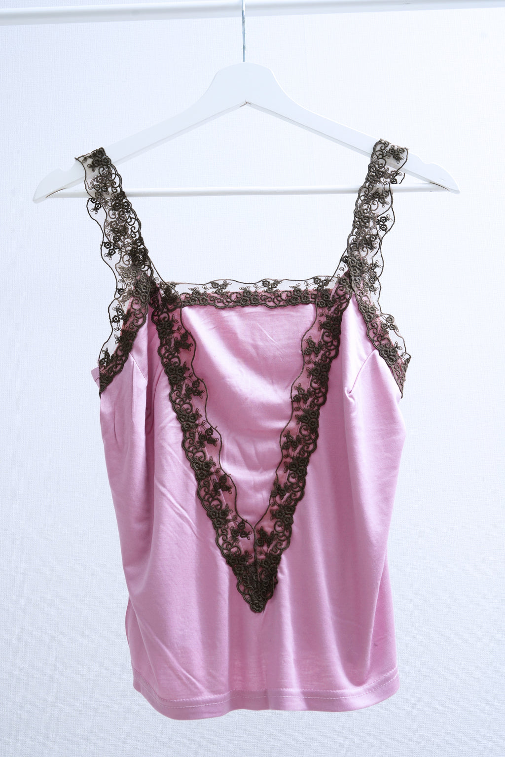 Dusty Pink Square Neck Tank with Brown Floral Lace Trim