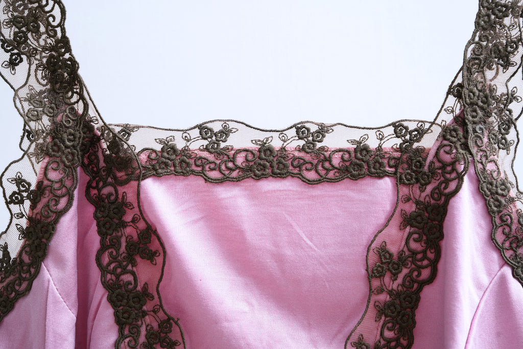 Dusty Pink Square Neck Tank with Brown Floral Lace Trim