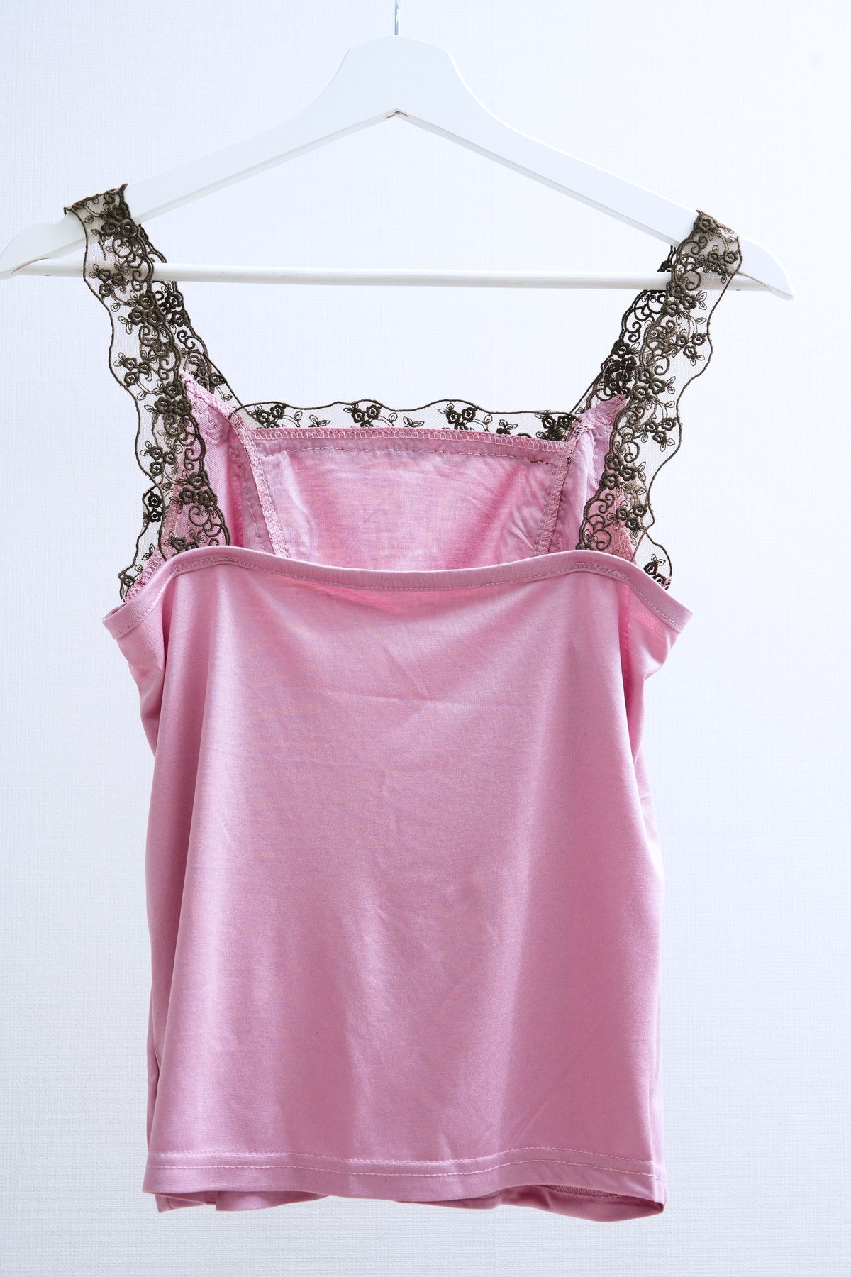 Dusty Pink Square Neck Tank with Brown Floral Lace Trim