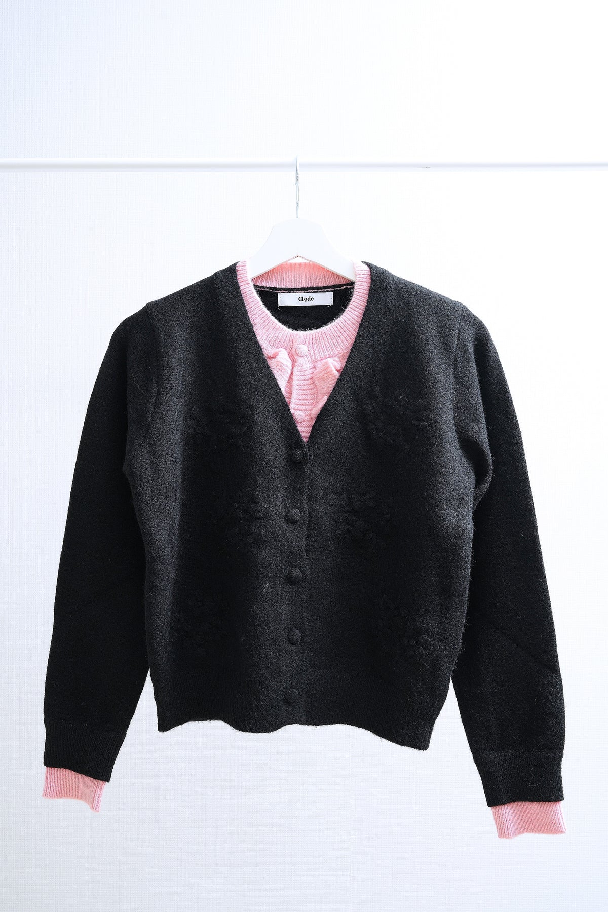 Contrast Black & Pink Layered Ruffle Trim Knit Cardigan