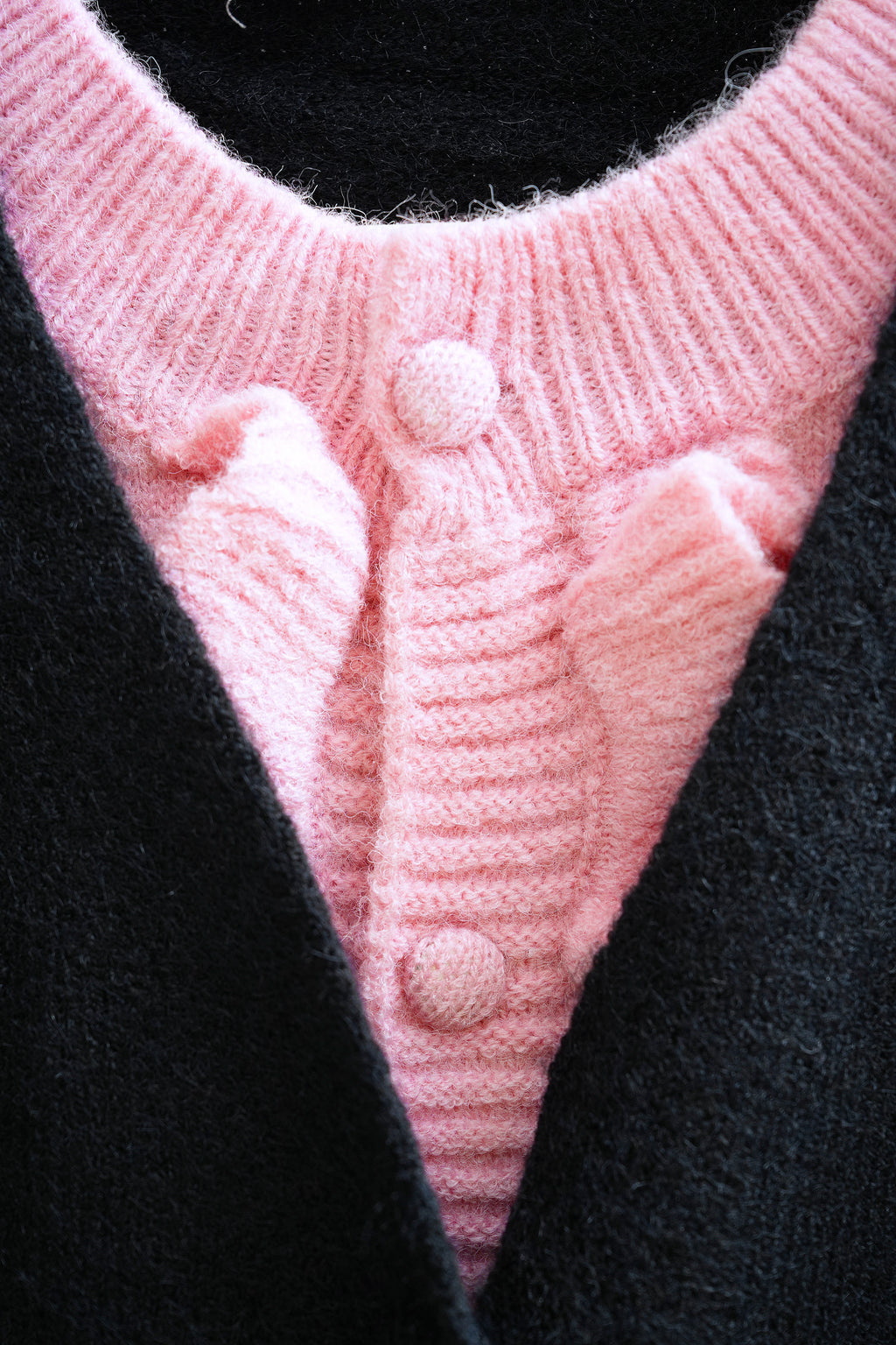 Contrast Black & Pink Layered Ruffle Trim Knit Cardigan