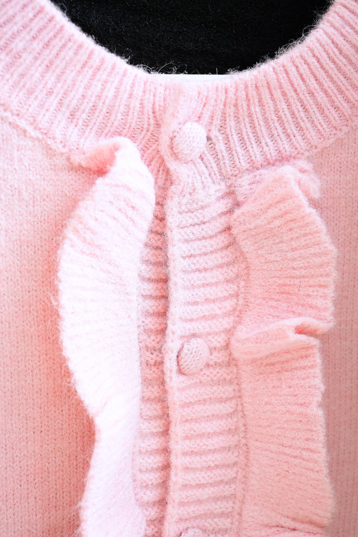 Contrast Black & Pink Layered Ruffle Trim Knit Cardigan