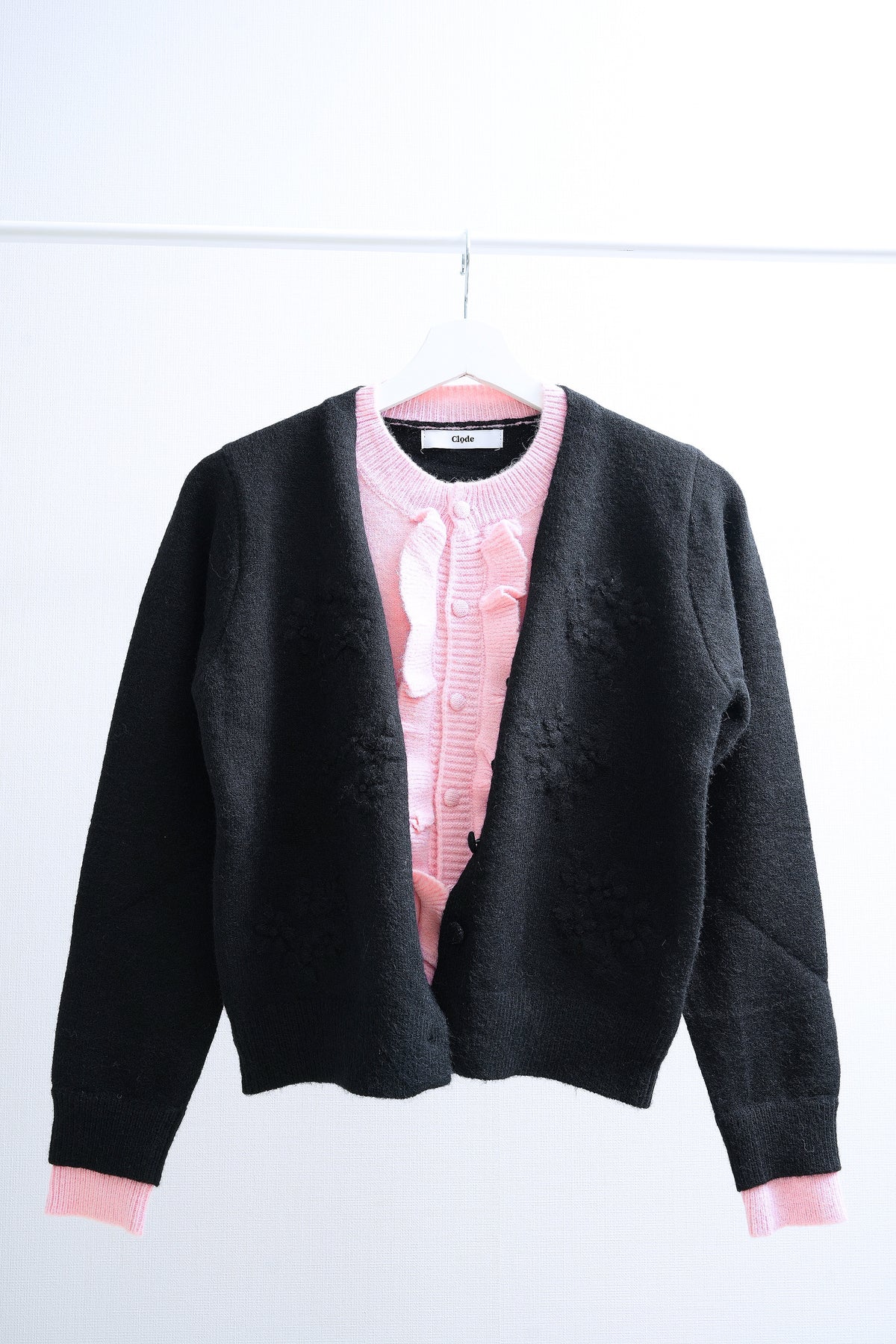 Contrast Black & Pink Layered Ruffle Trim Knit Cardigan