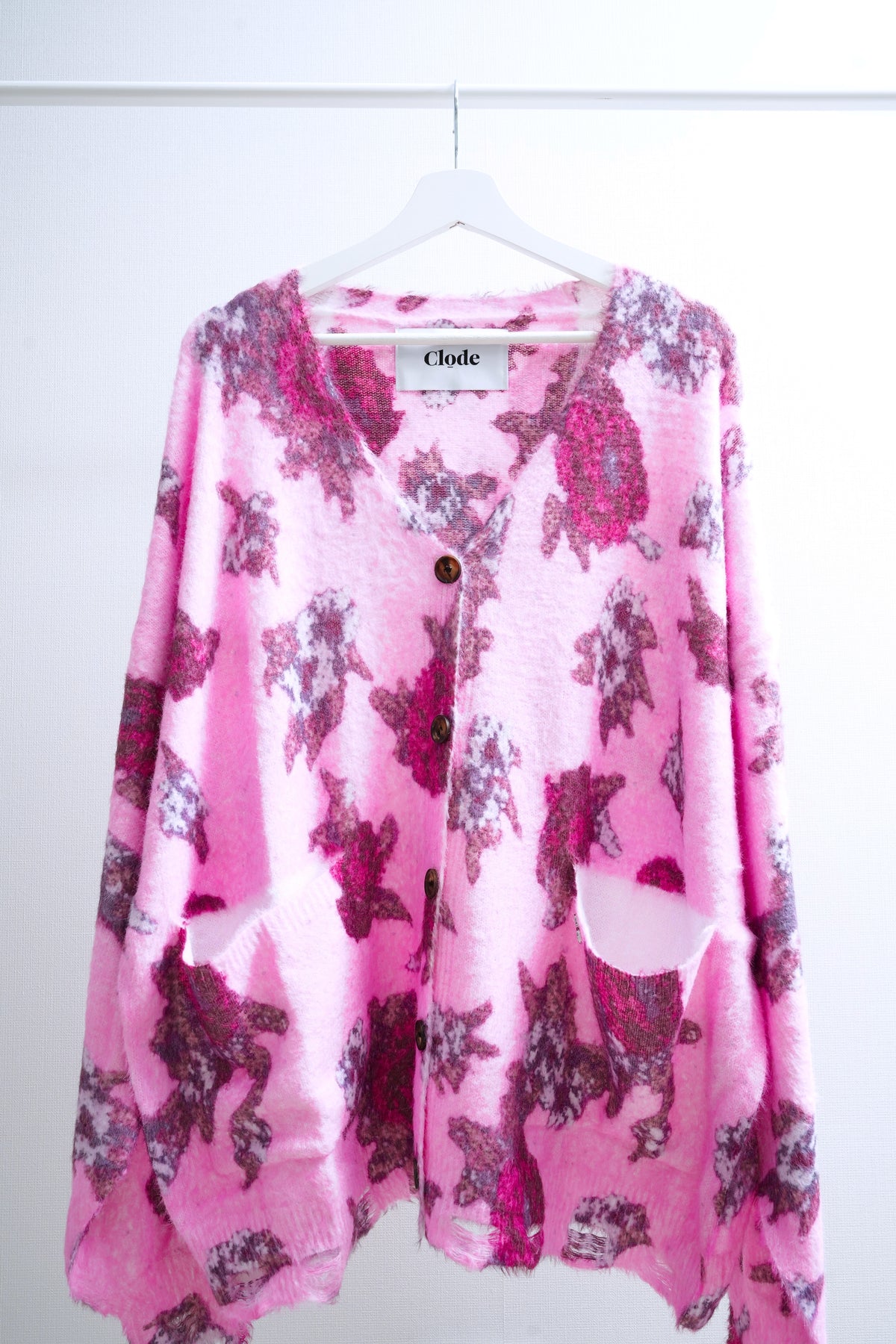 Pink Jacquard V-Neck Oversized Cardigan
