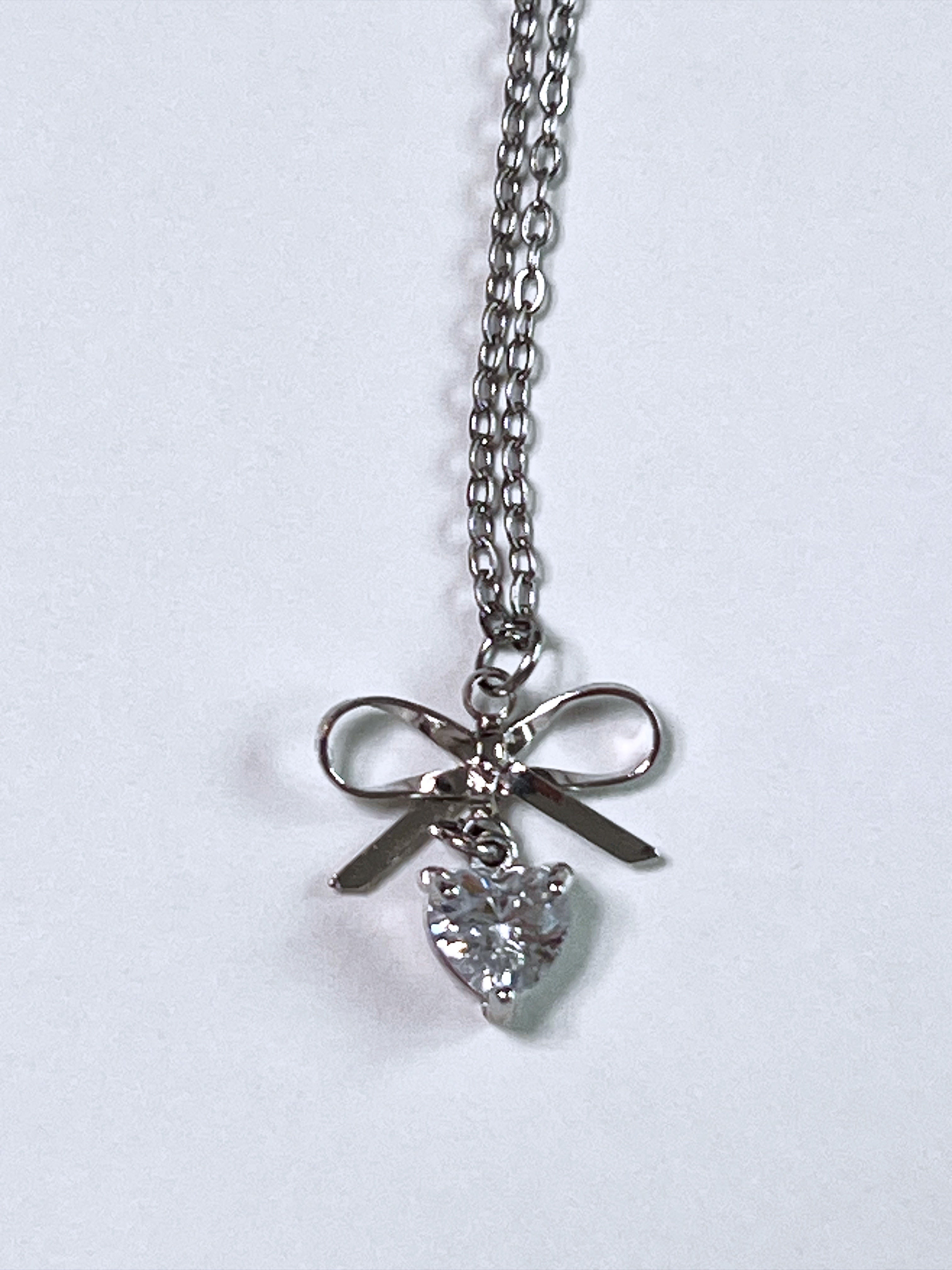 (SET) Ribbon Heart Stone Earrings+Necklace