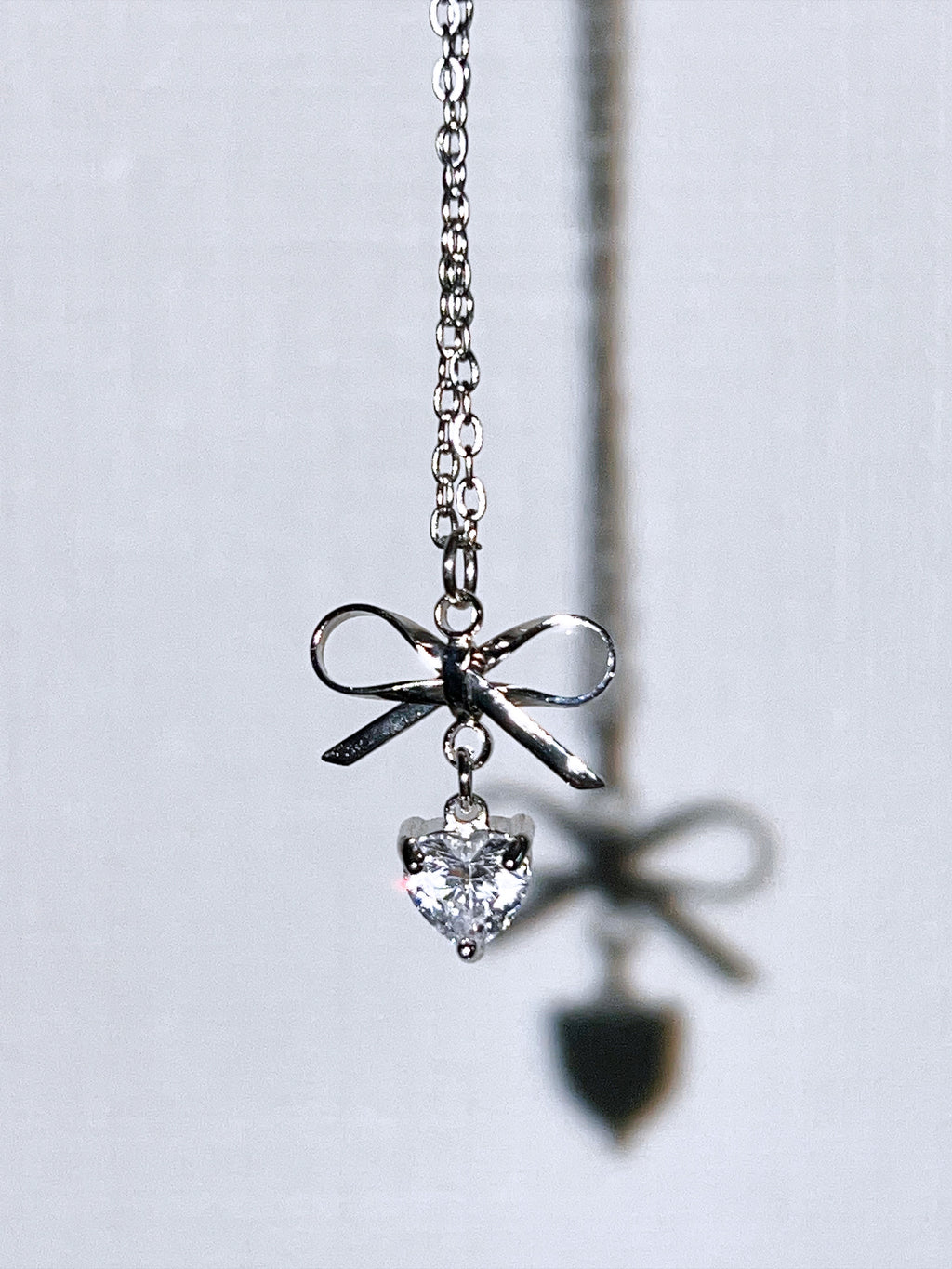 (SET) Ribbon Heart Stone Earrings+Necklace