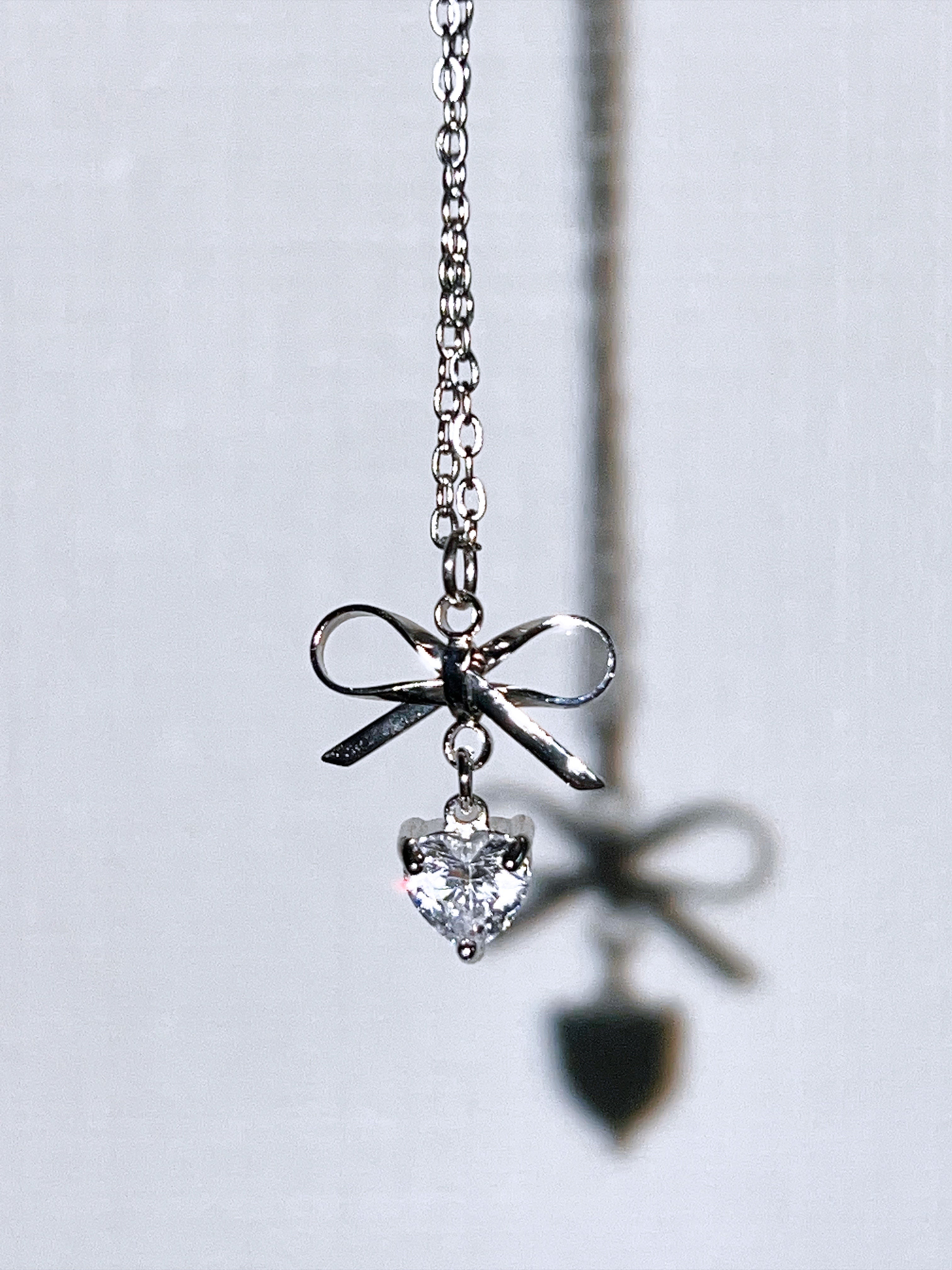 (SET) Ribbon Heart Stone Earrings+Necklace