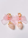 Pink Organza Ribbon & Milk Strawberry Drop Earrings