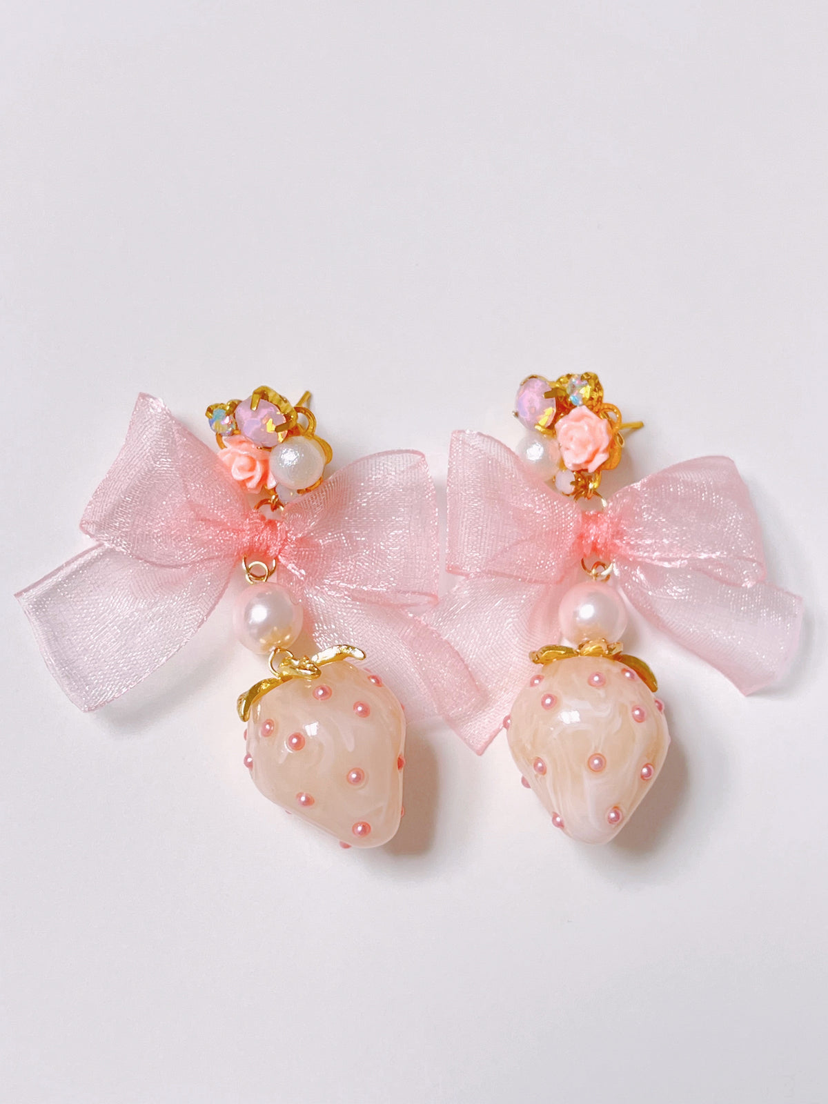 Pink Organza Ribbon & Milk Strawberry Drop Earrings