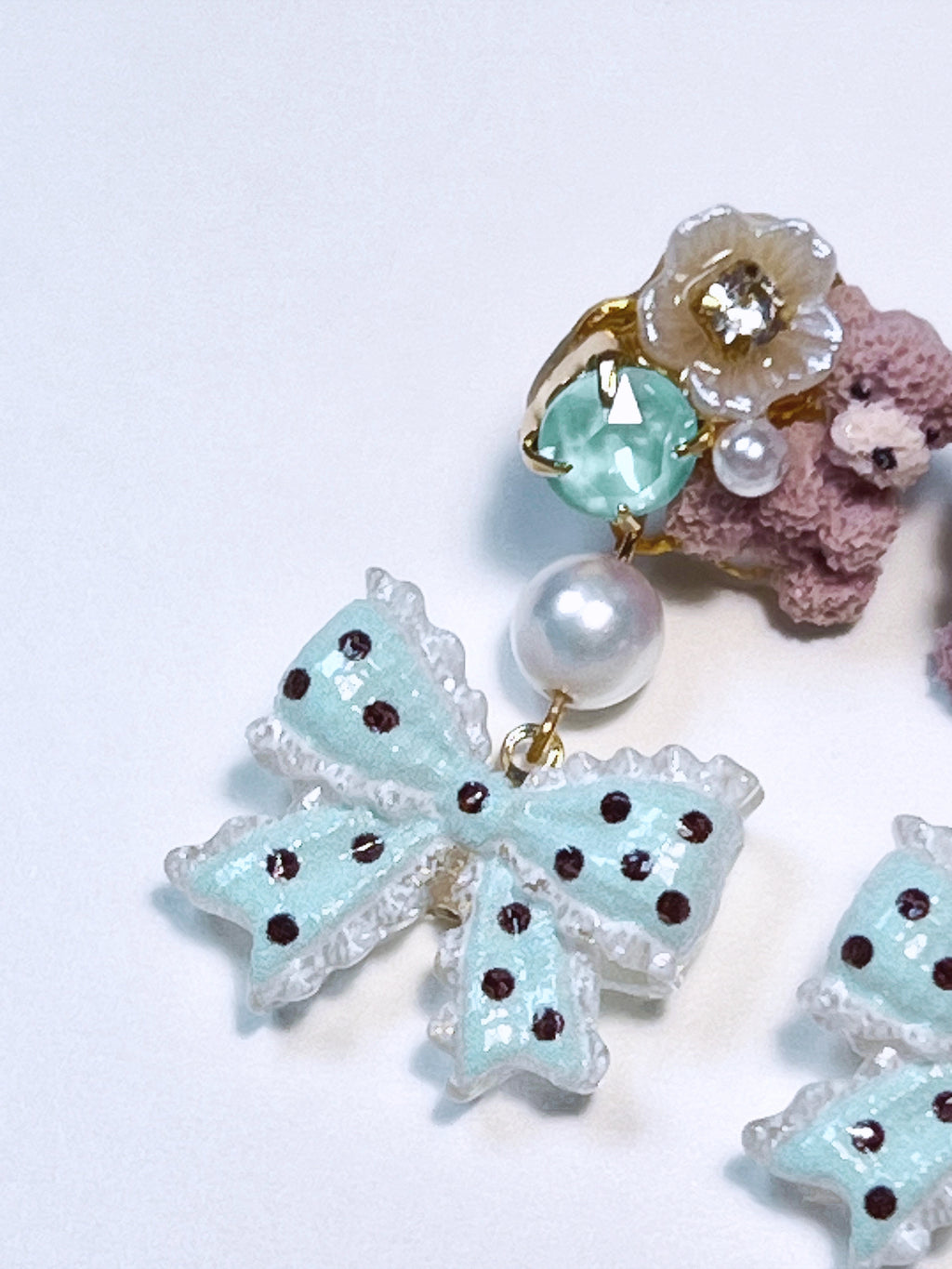 Polka Dot Ribbon & Teddy Bear Drop Earrings (MINT)