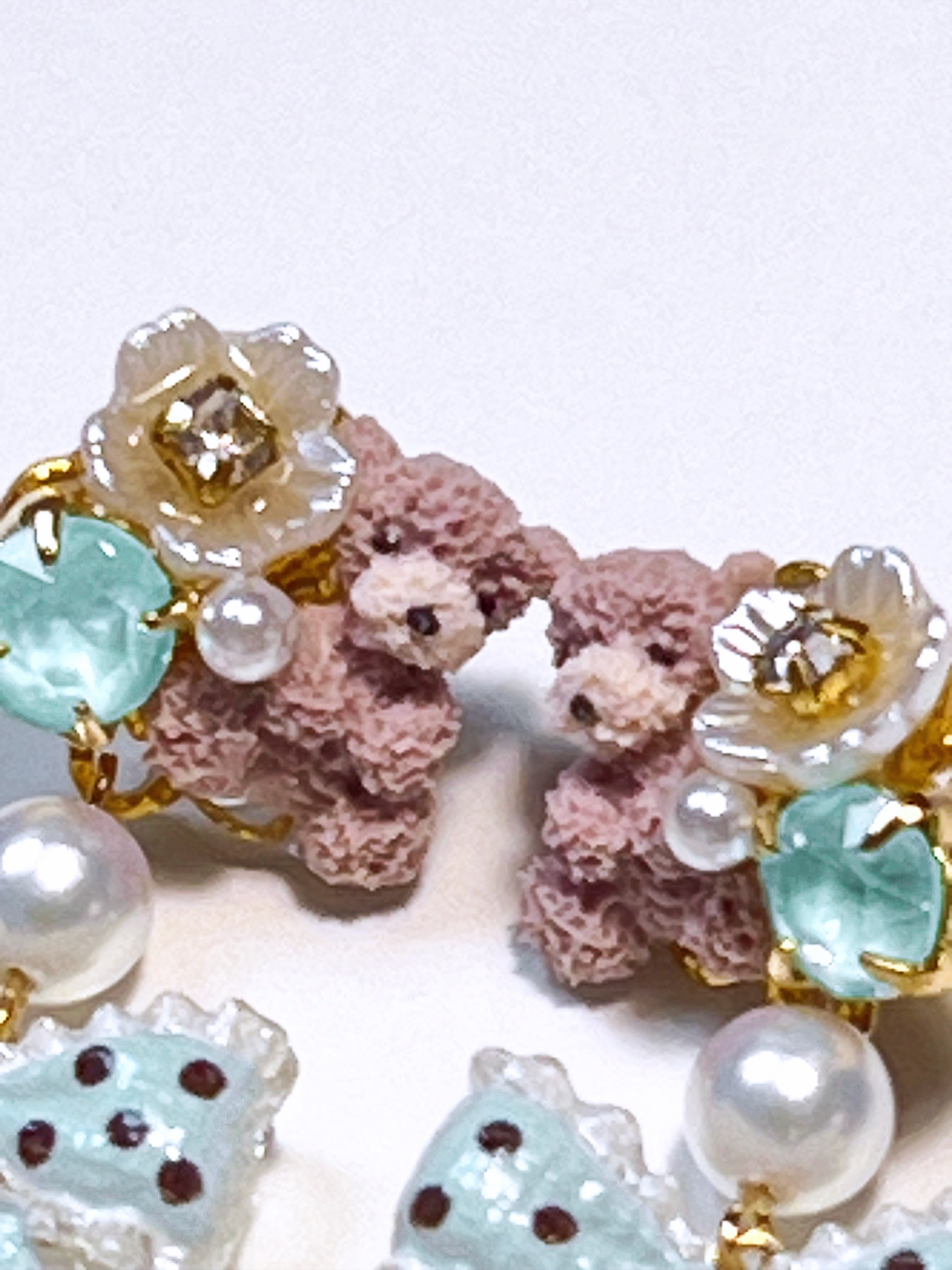 Polka Dot Ribbon & Teddy Bear Drop Earrings (MINT)